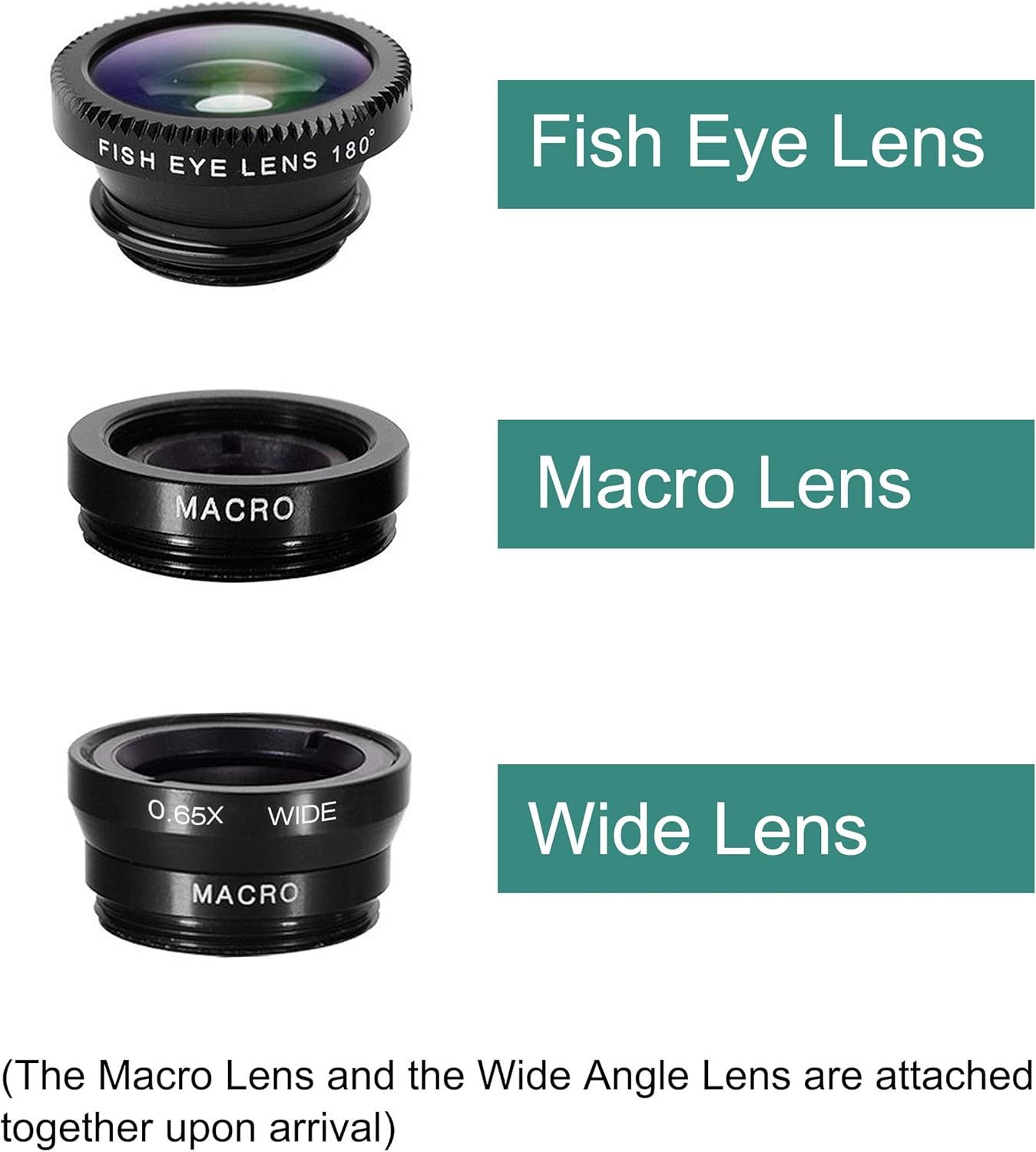 Shows the customer all three lens types included in the kit (Fish Eye, Macro, and Wide Lens) and explains that two lenses arrive attached together.