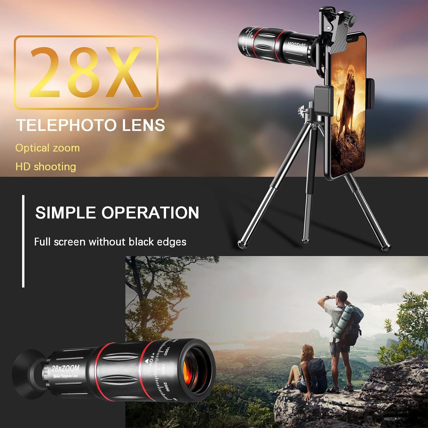 Highlights the impressive 28X optical zoom capability to communicate the product's powerful magnification performance for telephoto photography. Communicates ease of use and quality output,…