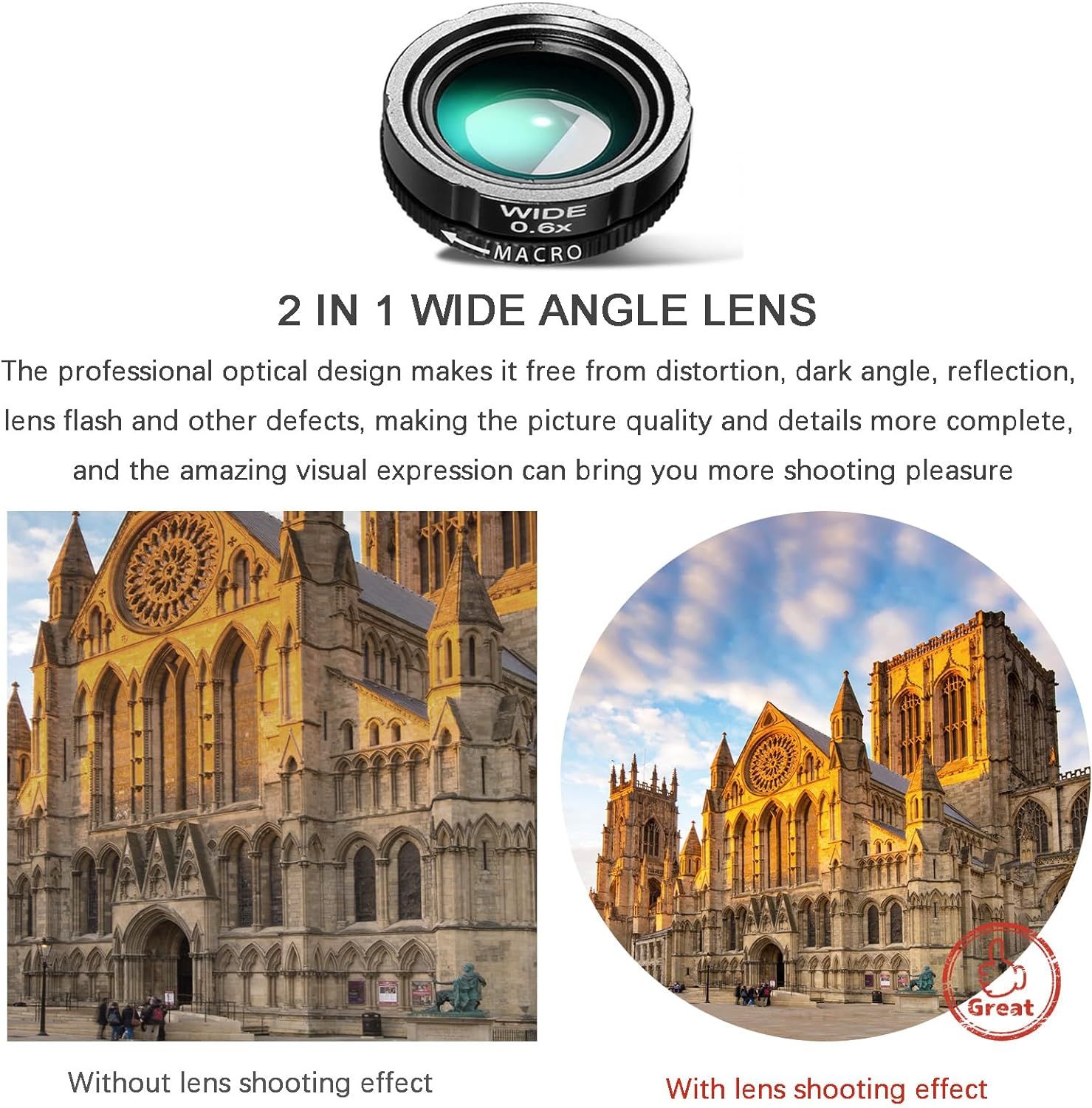 Demonstrates the transformation in photo quality when using the 2-in-1 wide angle lens, showing how it captures more of the scene with improved visual expression compared to shooting without the lens.