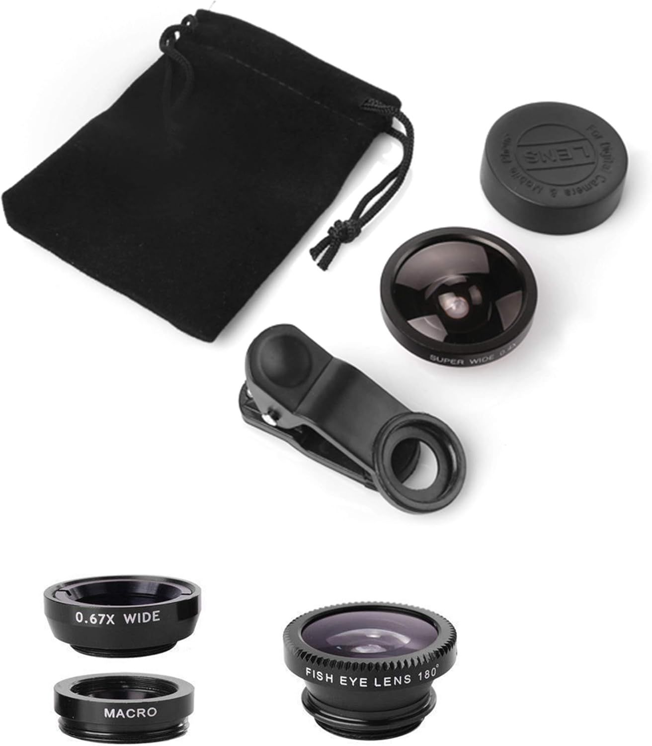 Shows all the components included in the purchase—multiple lens attachments, clip, protective caps, and carrying pouch—to communicate the complete value and versatility of the kit.