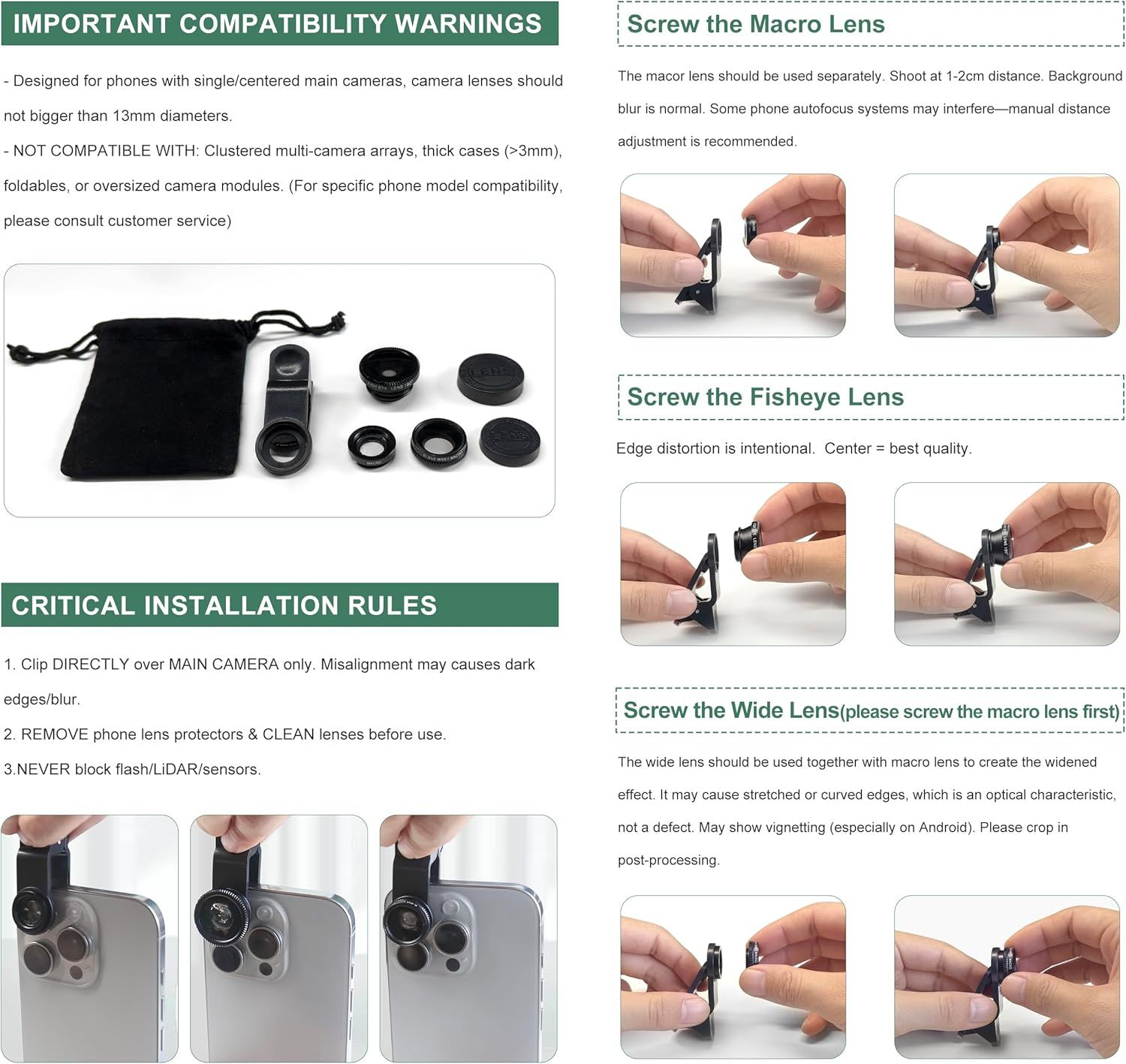 This image provides step-by-step instructions on how to properly install and use the phone camera lens kit, including compatibility warnings, installation rules, and sequential attachment steps for…