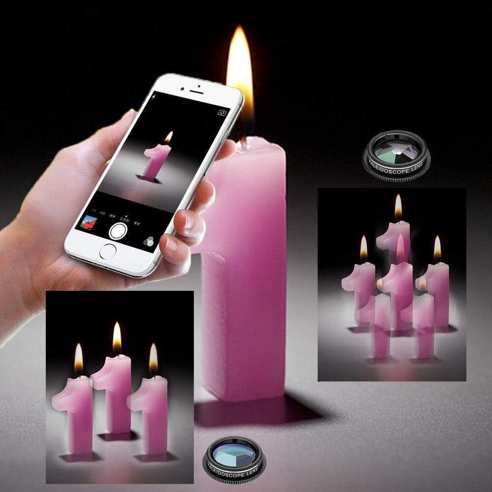Demonstrates the kaleidoscope lens attachment's ability to create multiple creative photography effects, showing different candle arrangements and perspectives to illustrate versatility.