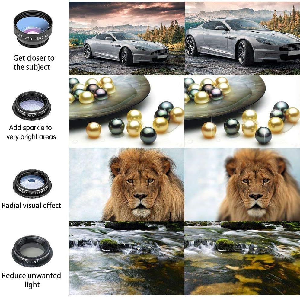 Demonstrates the multiple photographic effects and capabilities of different lens attachments, showing shoppers the variety of creative options they can achieve with this lens kit.