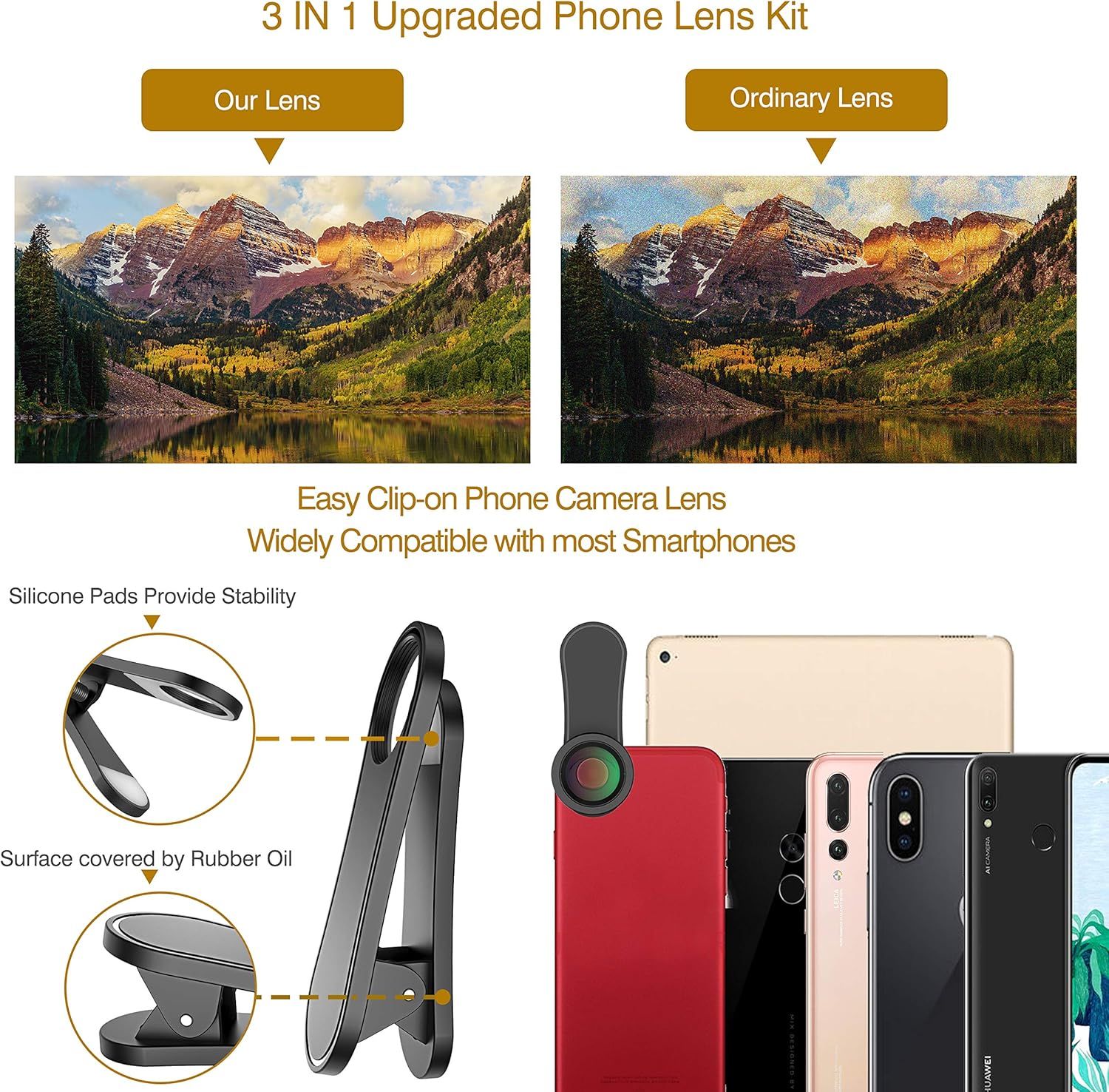 Demonstrates the superior image quality of this phone lens compared to an ordinary lens through a side-by-side photo comparison, showing sharper detail and better clarity. Shows the product's…