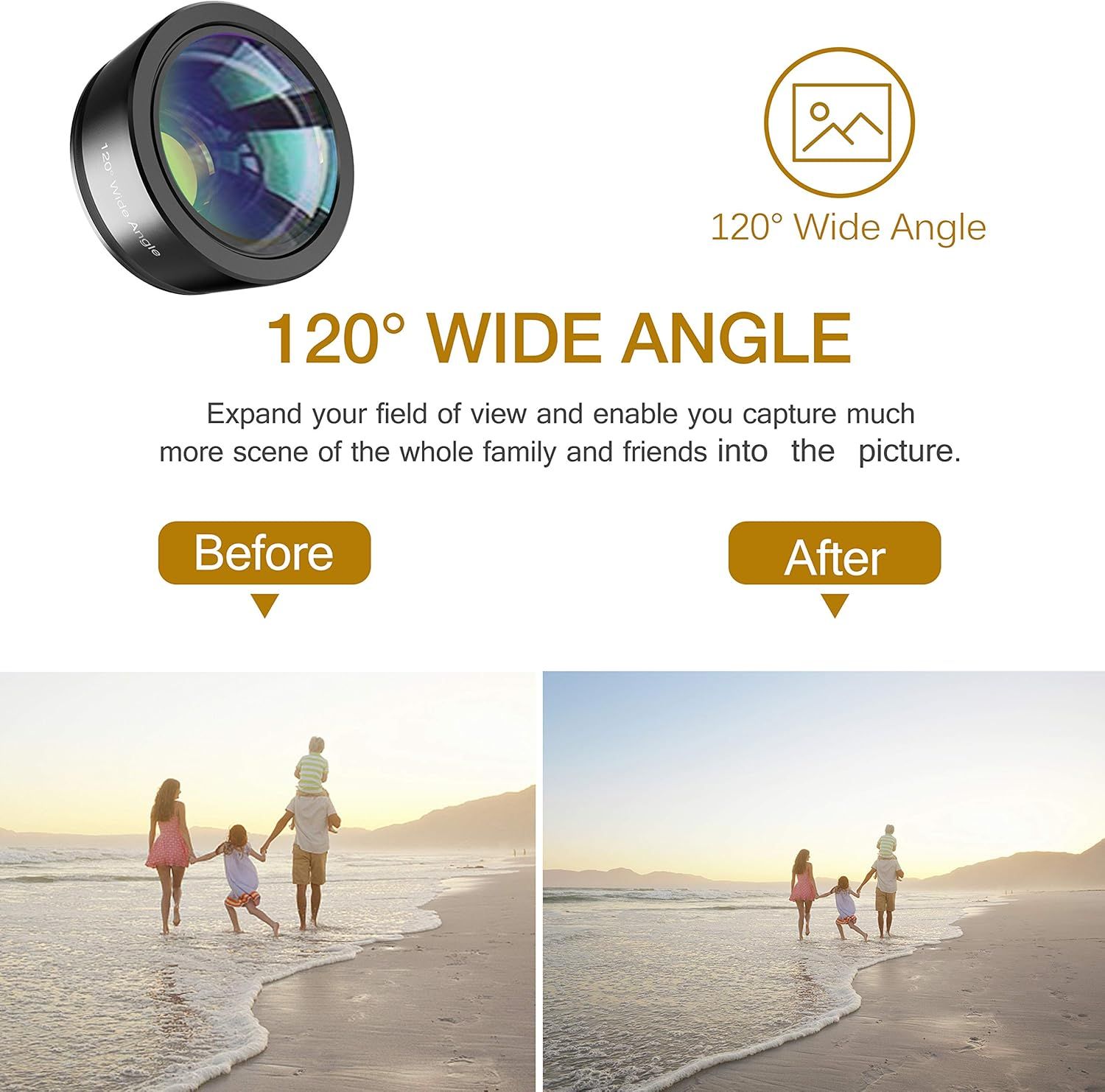 Demonstrates the expanded field of view provided by the 120° wide angle lens, showing how it captures more of the scene compared to a standard lens. Highlights the specific 120-degree wide angle…