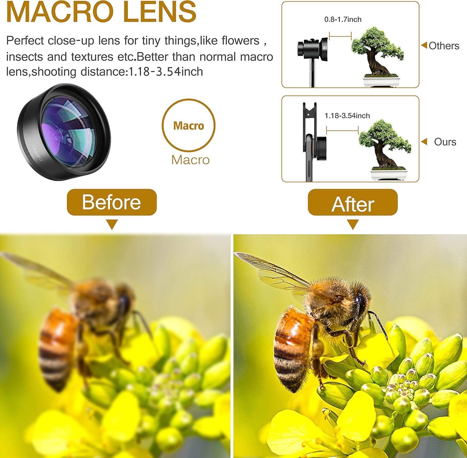 Demonstrates the superior image quality and detail achieved when using the macro lens, showing a clear transformation from blurry to sharp close-up photography. Compares this product's macro lens…