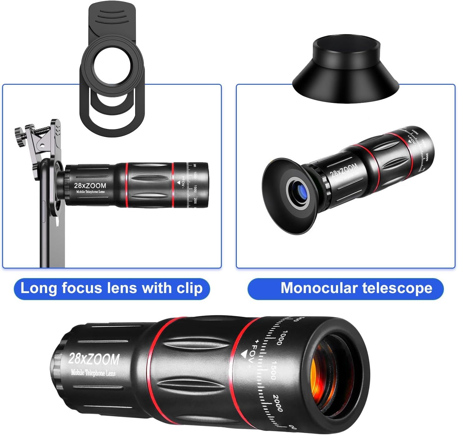Shows the customer all the different components and configurations included with the 28x zoom mobile telephone lens, demonstrating the versatility and completeness of the kit.