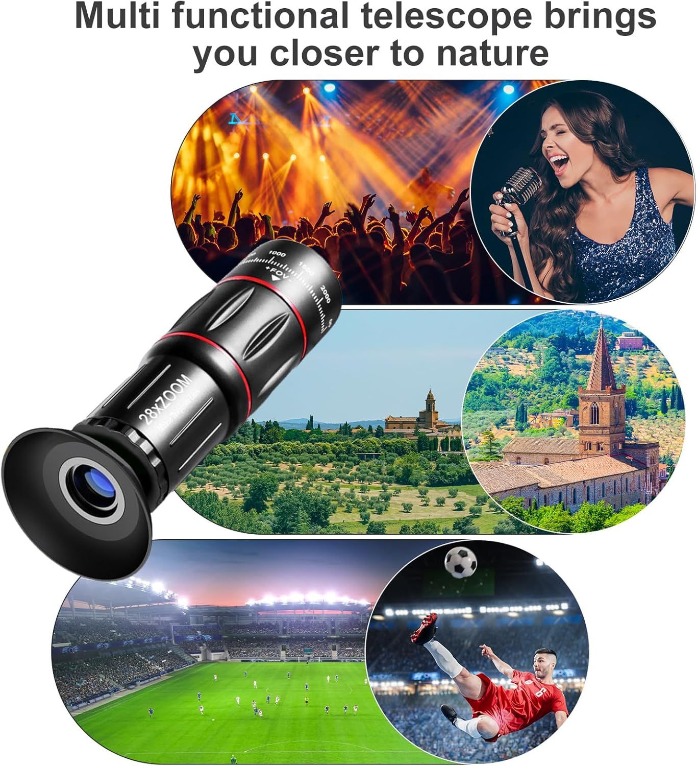 Demonstrates the telescope's versatility by showing it can be used across multiple scenarios—concerts, travel destinations, and sporting events—to reassure shoppers of its wide-ranging utility.