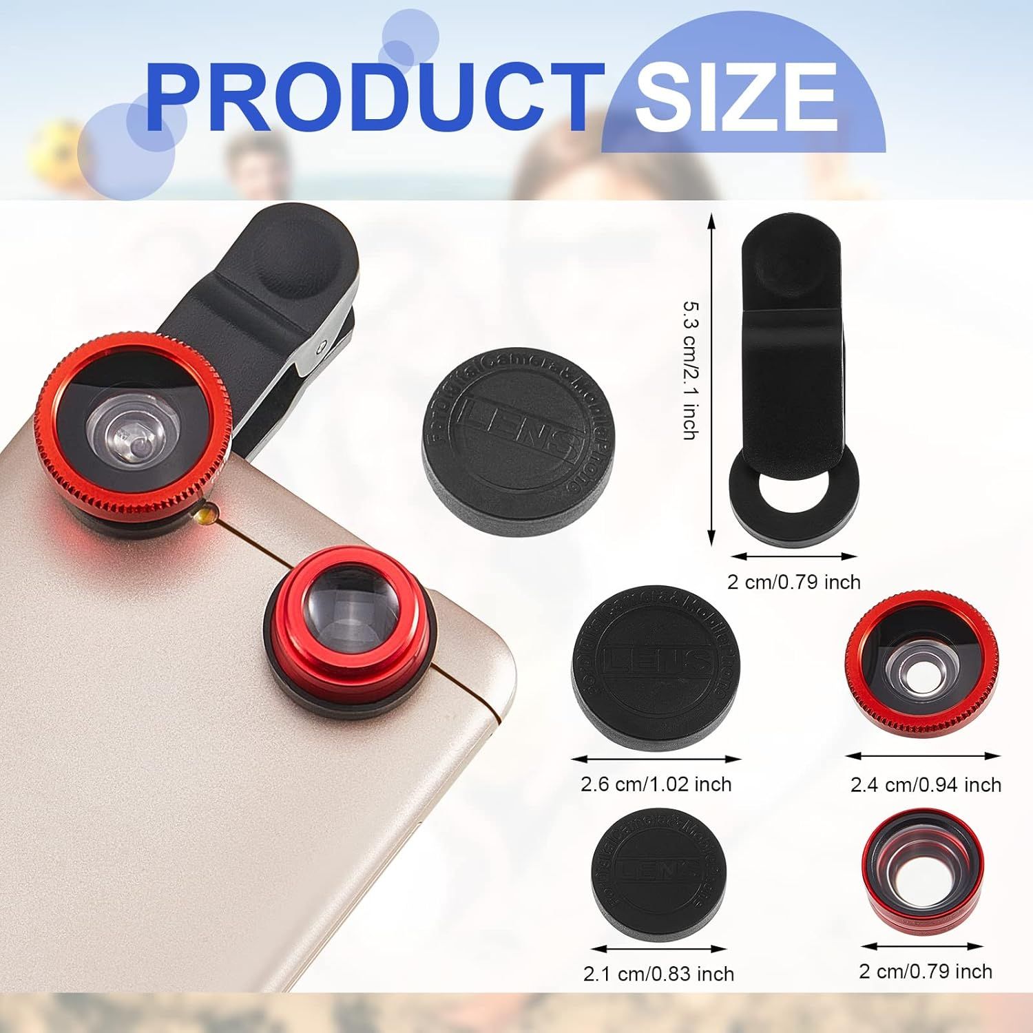 Communicates the exact physical dimensions of the phone camera lens kit and its components to help shoppers understand the compact size and portability of the product.