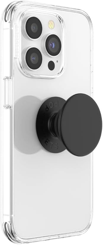 Displays the product in a clean, catalog-style format to show the clear case design and included pop socket grip accessory.