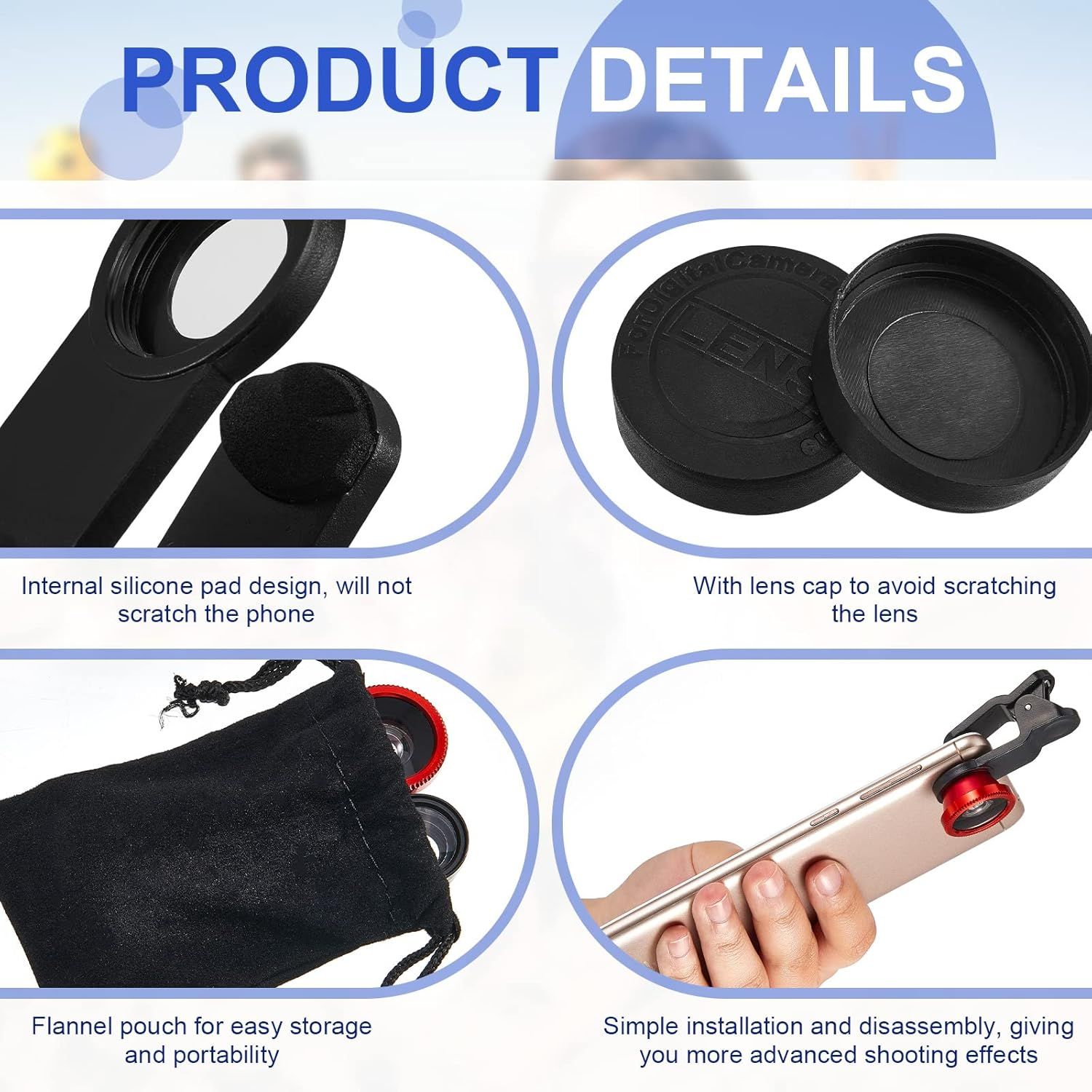Communicates multiple distinct product benefits in a segmented 4-panel layout, highlighting protective features, portability, and ease of use to reassure shoppers about the product's thoughtful…