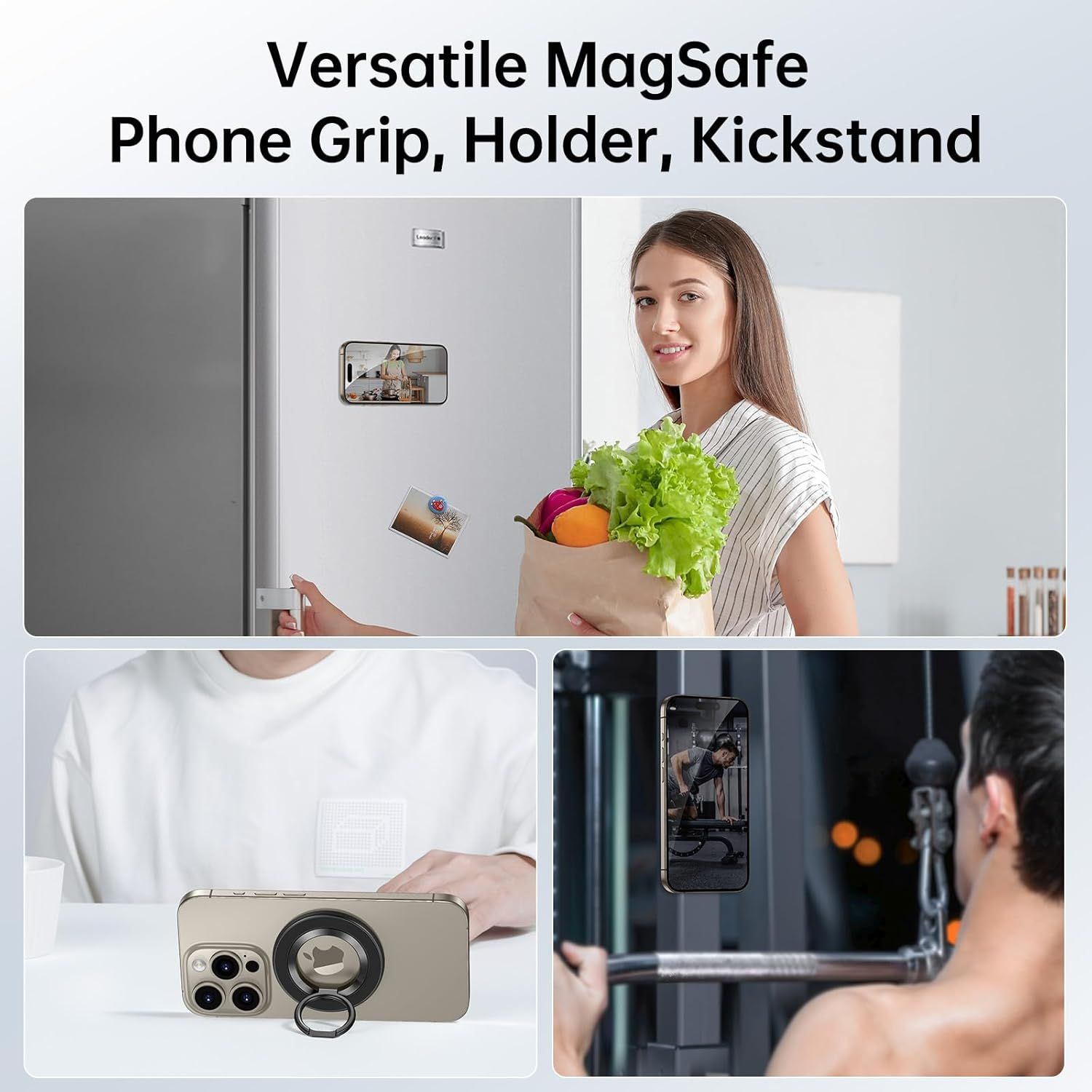 Demonstrates the versatility of the MagSafe phone grip/holder by showing it in three different real-world scenarios (kitchen, desk, gym) to communicate that it works across multiple environments and…