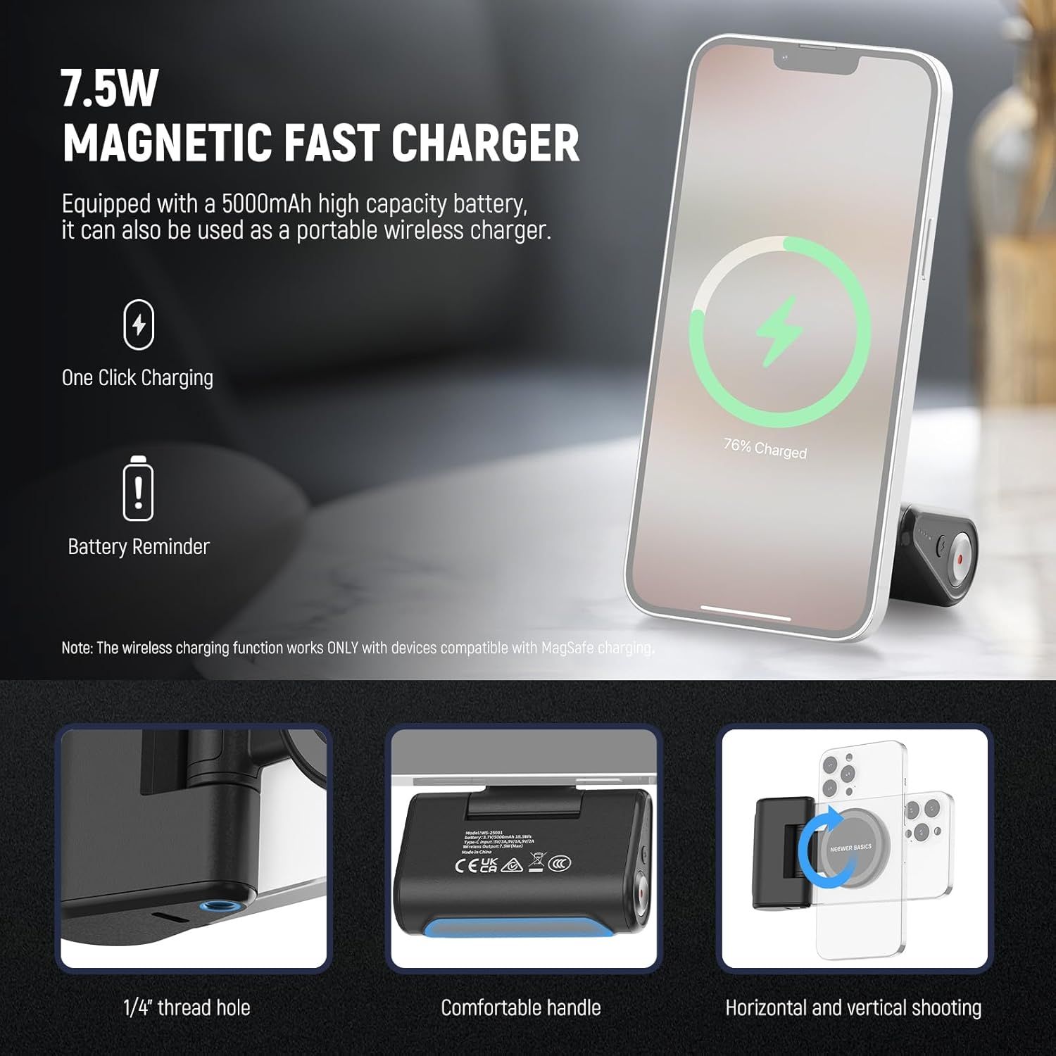 Communicates multiple distinct benefits of the magnetic charger including fast charging capability, high battery capacity, ease of use features, and versatile mounting options to demonstrate the…