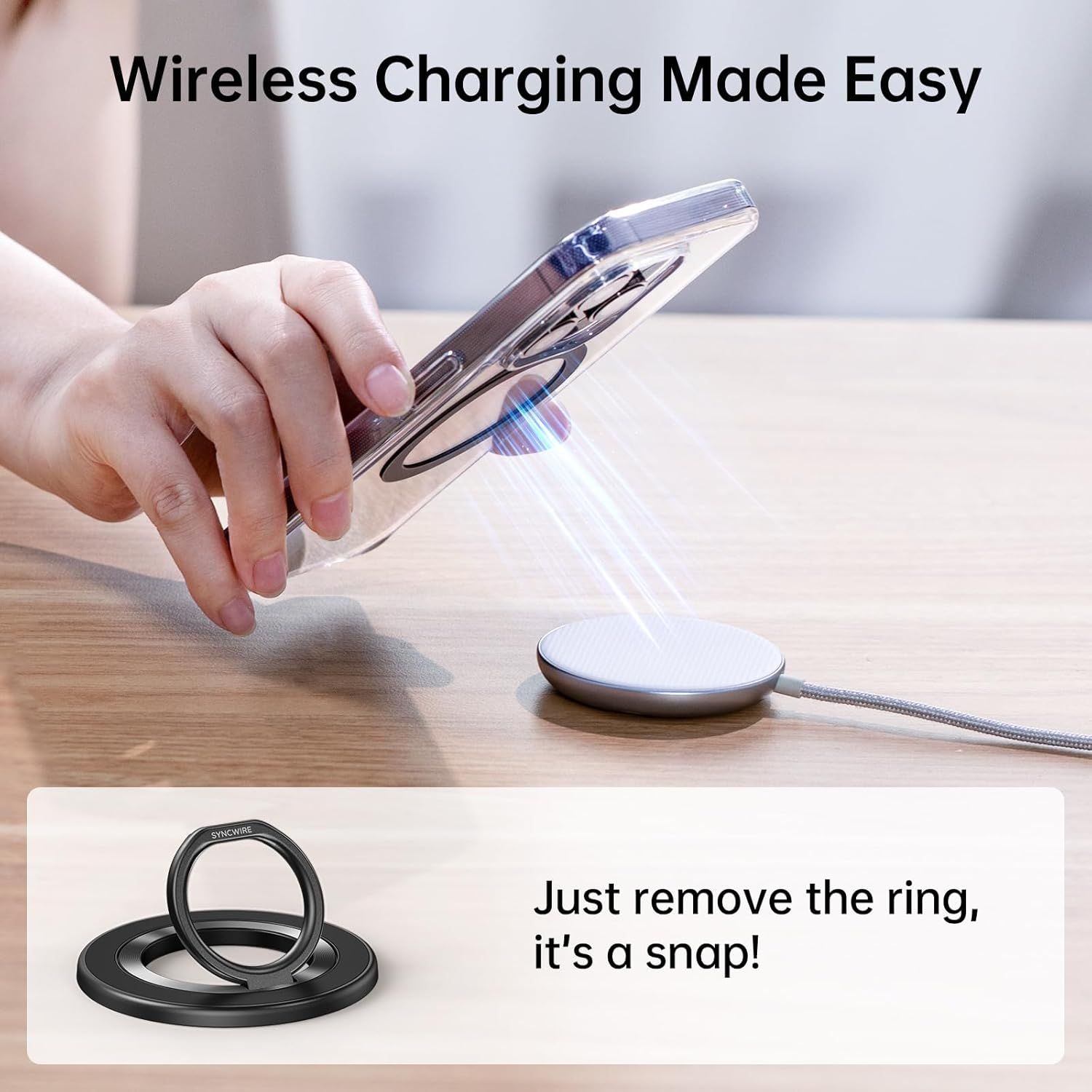 Demonstrates how the phone case enables wireless charging and shows that the ring accessory can be easily removed for charging convenience.