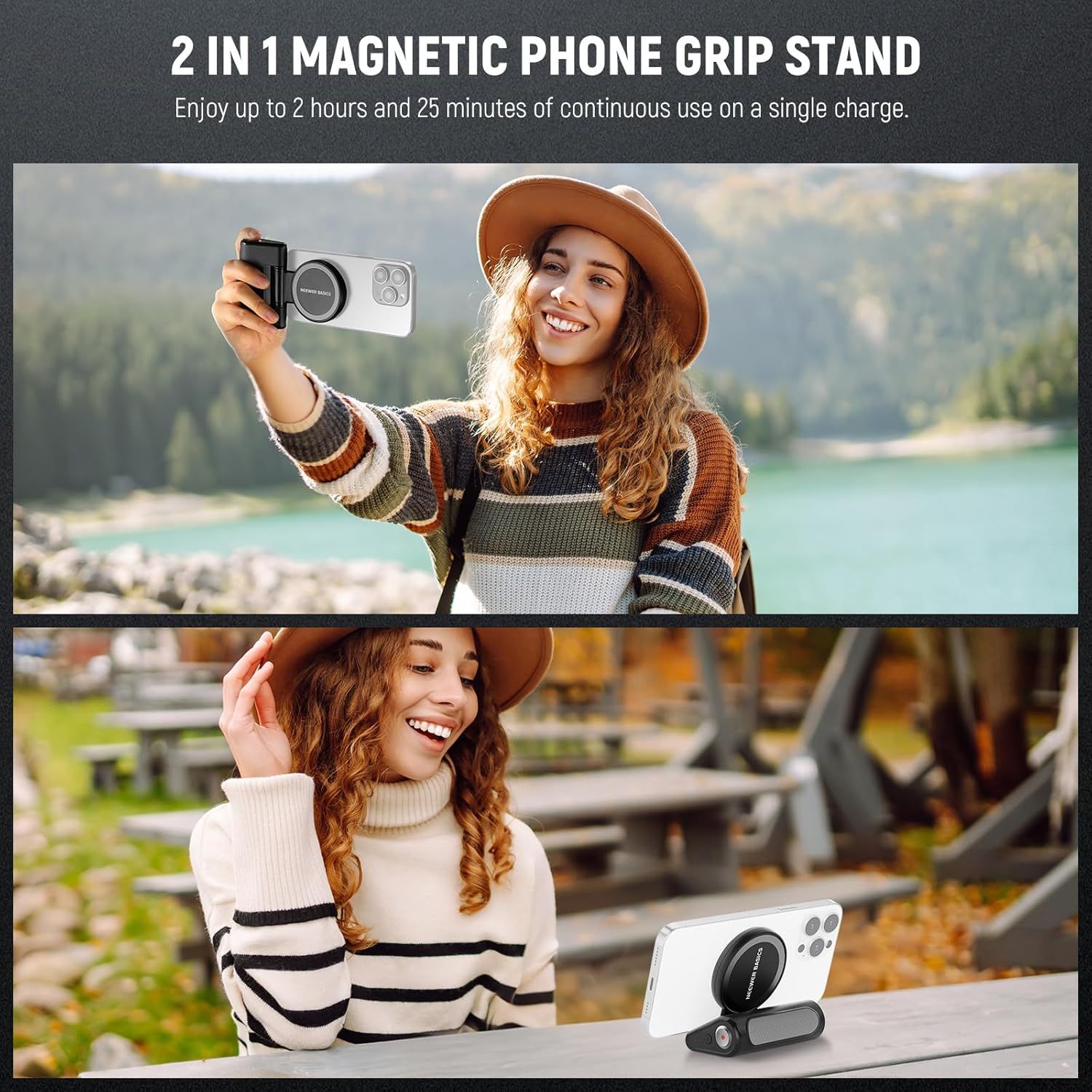 Demonstrates the versatility of the 2-in-1 magnetic phone grip stand by showing it in use across multiple real-world scenarios—both as a handheld grip for outdoor selfies and as a hands-free stand…