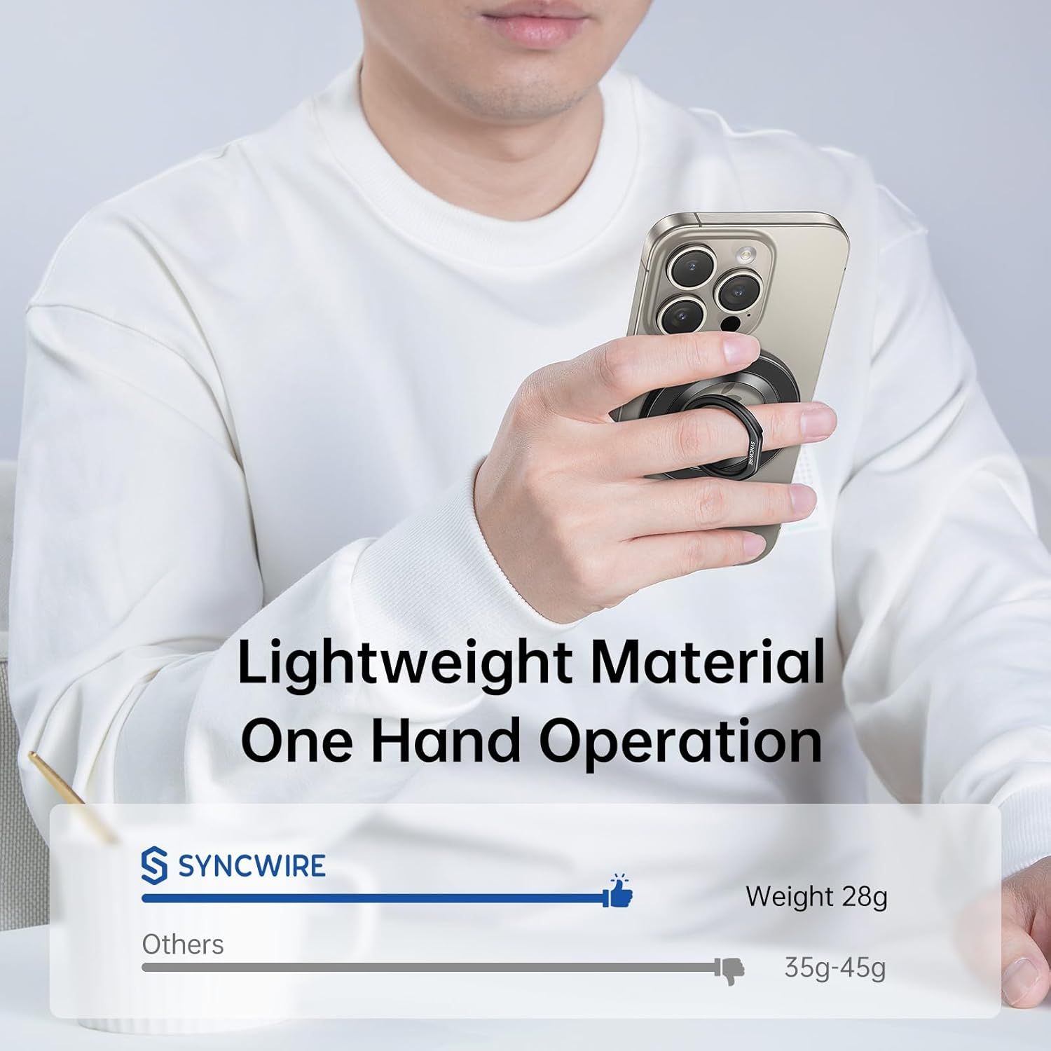 Communicates the product's ultra-light weight (28g) compared to competitors (35g-45g) to emphasize portability and comfort for one-handed phone use. Demonstrates the ease of one-handed phone…