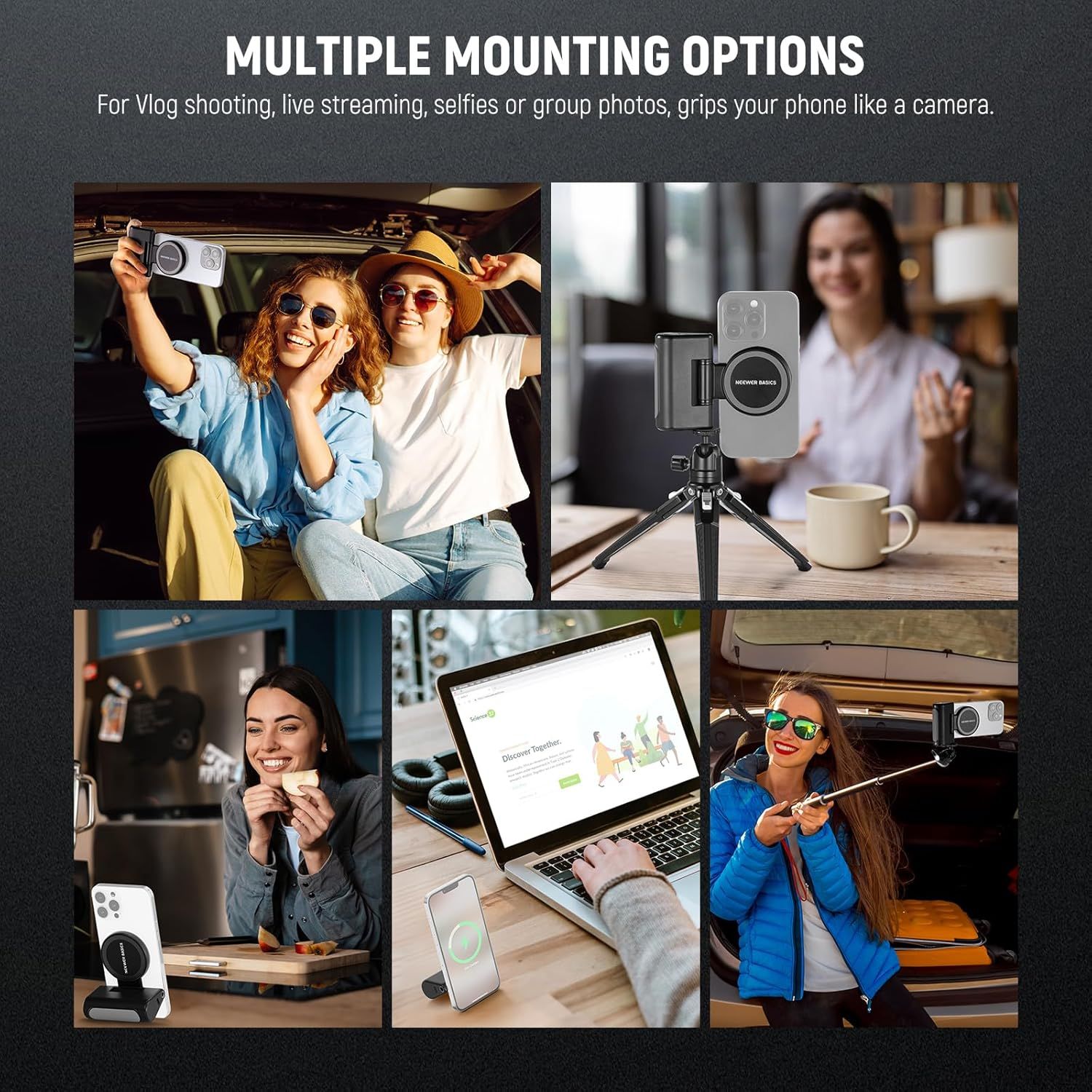 Demonstrates the versatility of the phone mounting product by showing multiple real-world use scenarios including vlogging, streaming, selfies, and group photos to help shoppers understand all the…