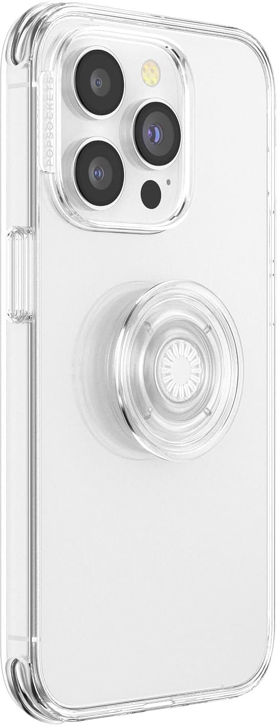 Displays the product in a clean, catalog-style format on a white background to show the transparent case design, camera protection, and integrated pop socket accessory.