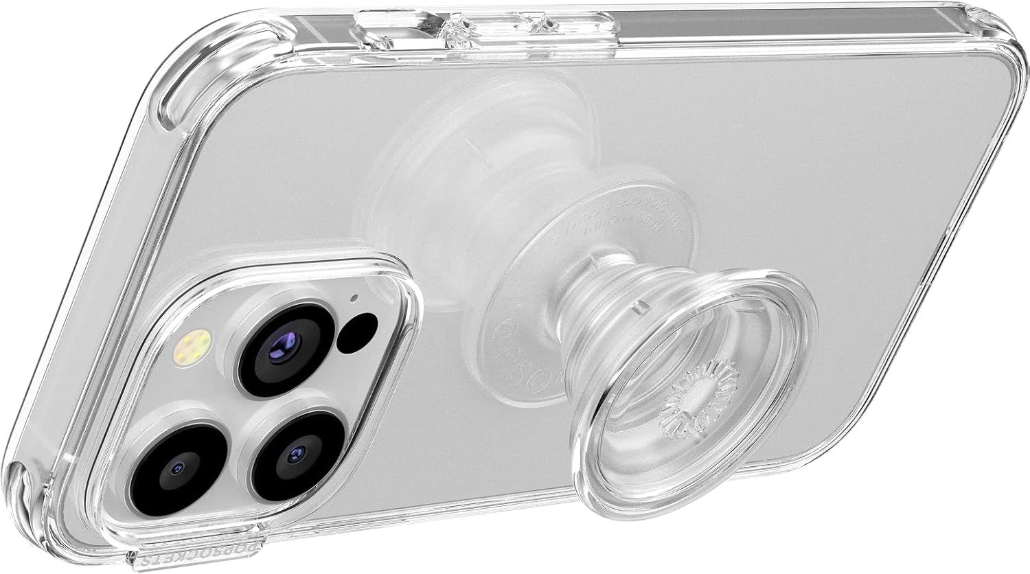 Provides a clean, catalog-style view of the transparent phone case with integrated pop socket stand, allowing shoppers to see the product design and features without distractions.