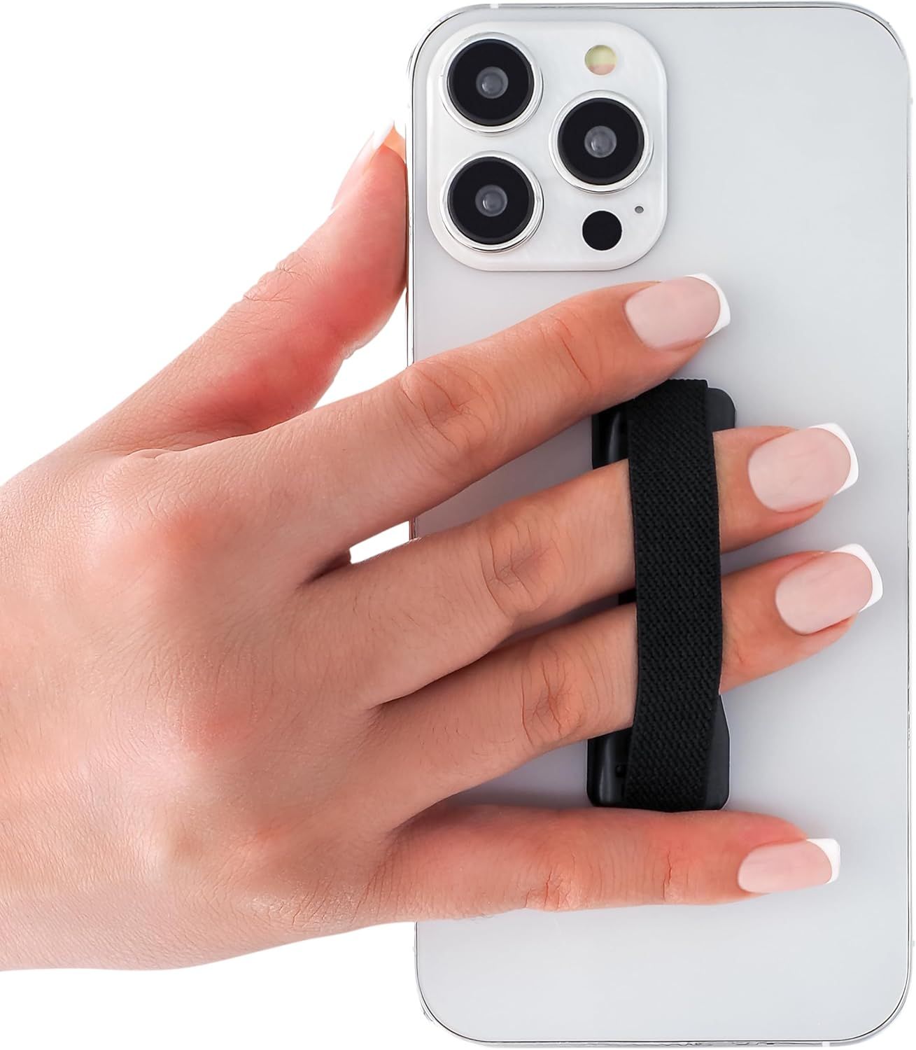 Demonstrates how the phone grip strap is used in a real-world context, showing the product attached to a phone with a hand holding it to illustrate secure one-handed grip functionality.