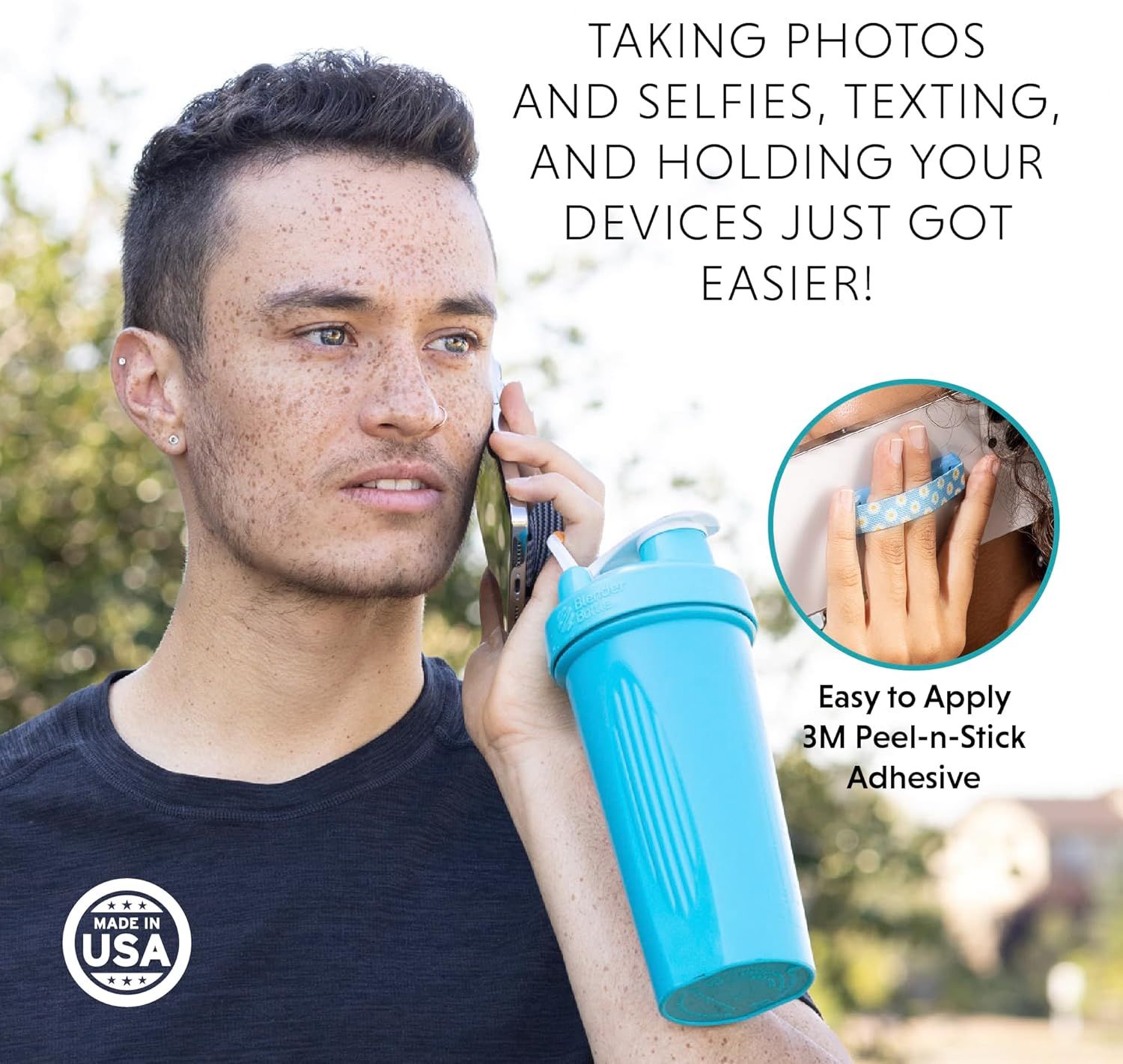 Demonstrates how the product enables hands-free device holding during activities like phone calls, texting, and taking photos, highlighting the ease of applying the 3M peel-n-stick adhesive.…