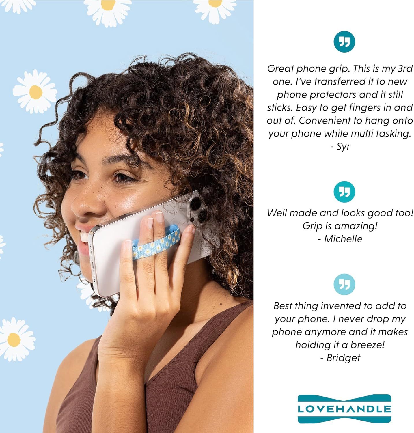 Builds trust and social proof by showcasing three real customer testimonials praising the phone grip's quality, durability, ease of use, and secure hold functionality.