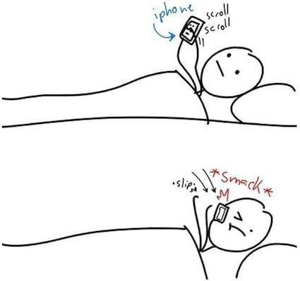 Demonstrates the transformation from scrolling on a phone while lying down to smacking the phone away, illustrating a behavioral change or frustration with phone usage.