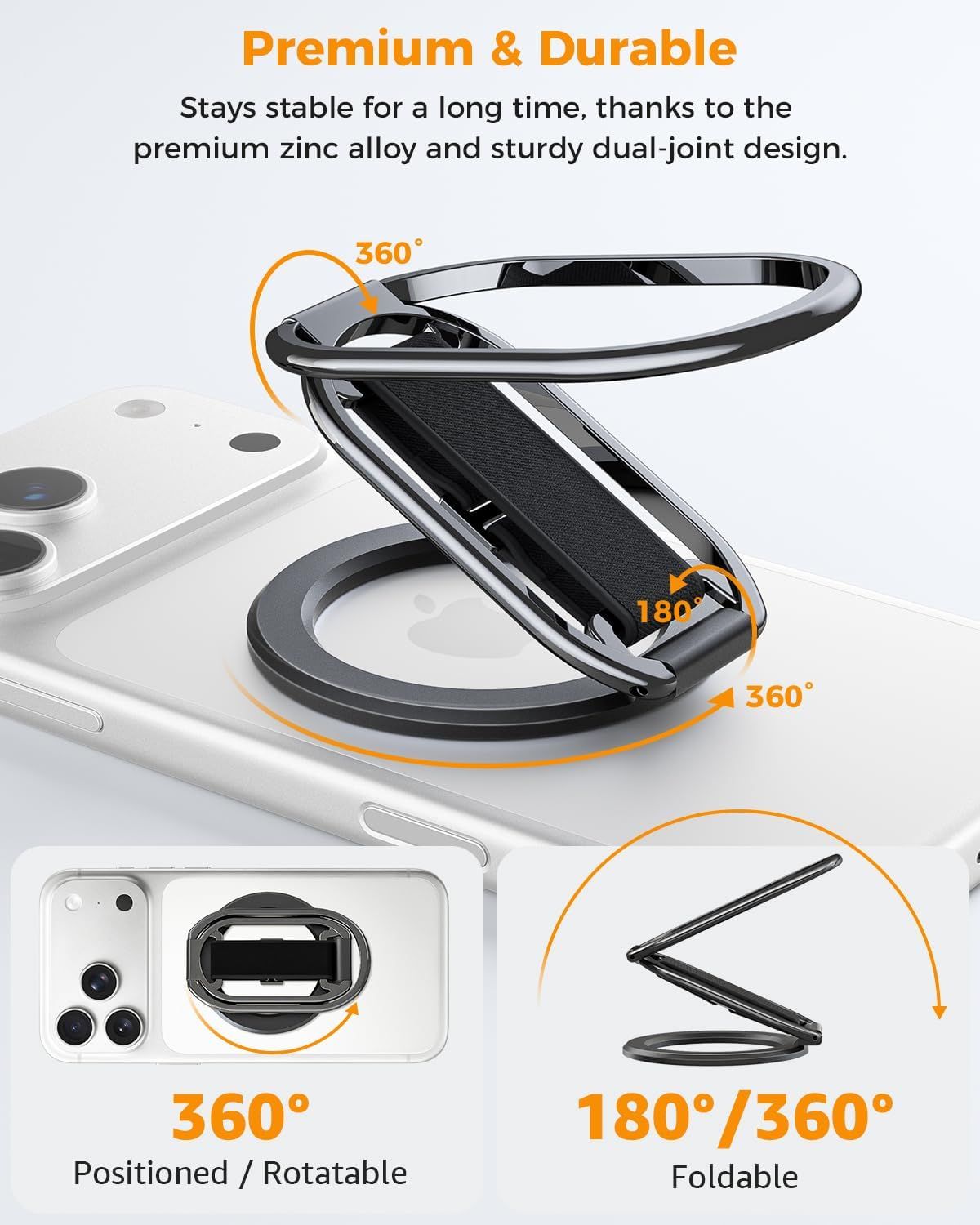 Demonstrates the mechanical flexibility and structural components of the phone ring holder, highlighting its 360° rotation capability, 180° folding mechanism, and durable dual-joint construction to…