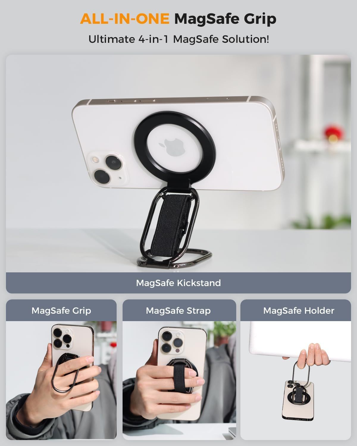Demonstrates the multiple use cases and configurations of the MagSafe accessory, showing shoppers how it can function as a kickstand, grip, strap, and holder to reassure them of its versatility.