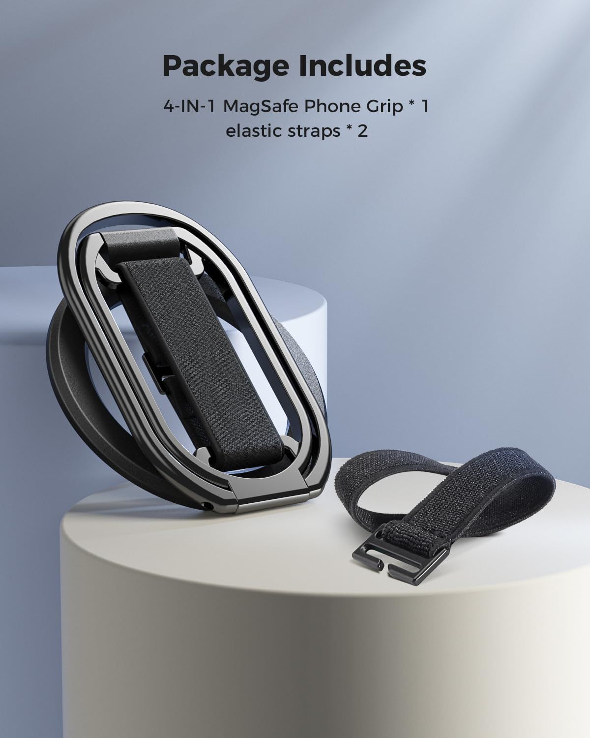 Shows the customer exactly what items are included in the package: the main phone grip product and two elastic straps, helping set clear expectations for the purchase.