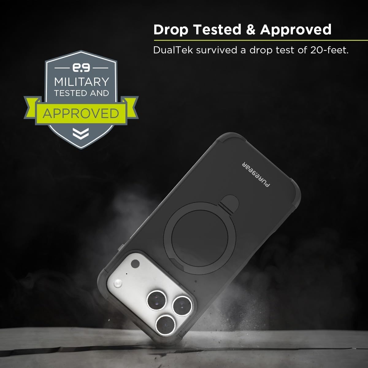 Communicates the product's extreme durability by highlighting that it survived a 20-foot drop test and is military-grade approved, reassuring shoppers of superior protection. Emphasizes the phone…