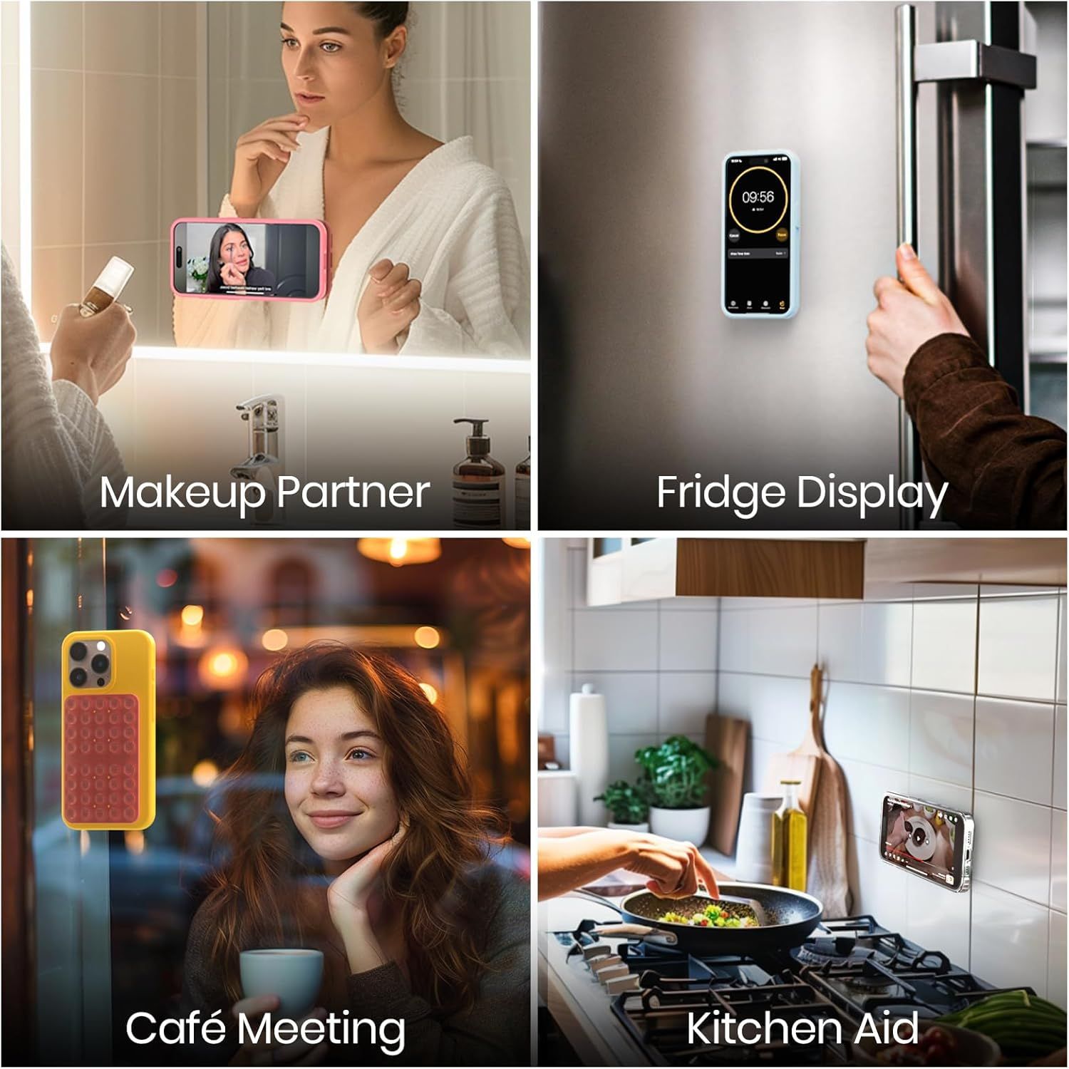 Demonstrates the product's versatility by showing four distinct use scenarios (bathroom makeup partner, fridge display, café meeting, kitchen aid), reassuring shoppers that this phone mount/case…