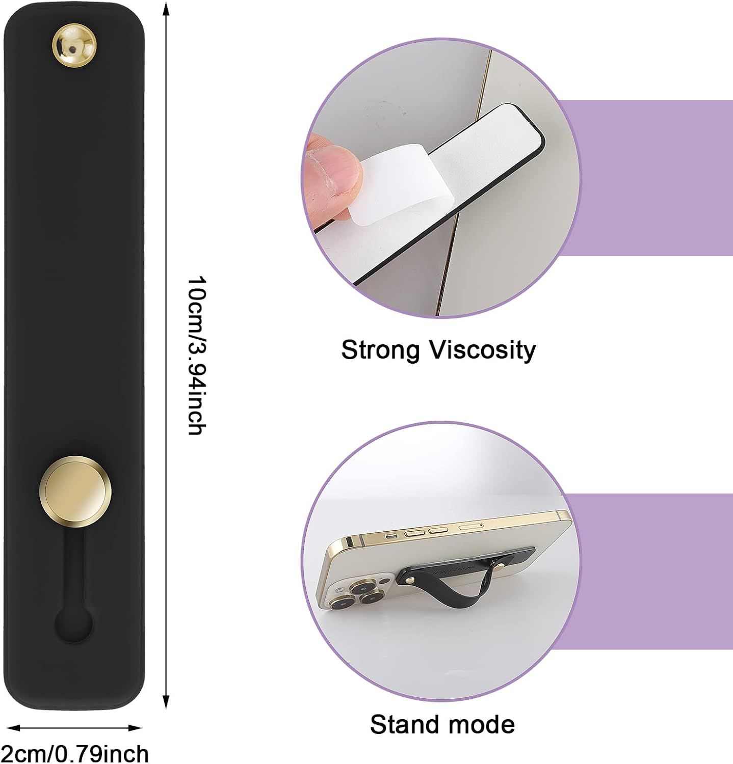 Demonstrates two key benefits of the phone strap: its strong adhesive viscosity that securely holds the product, and its ability to function as a stand for hands-free phone viewing.