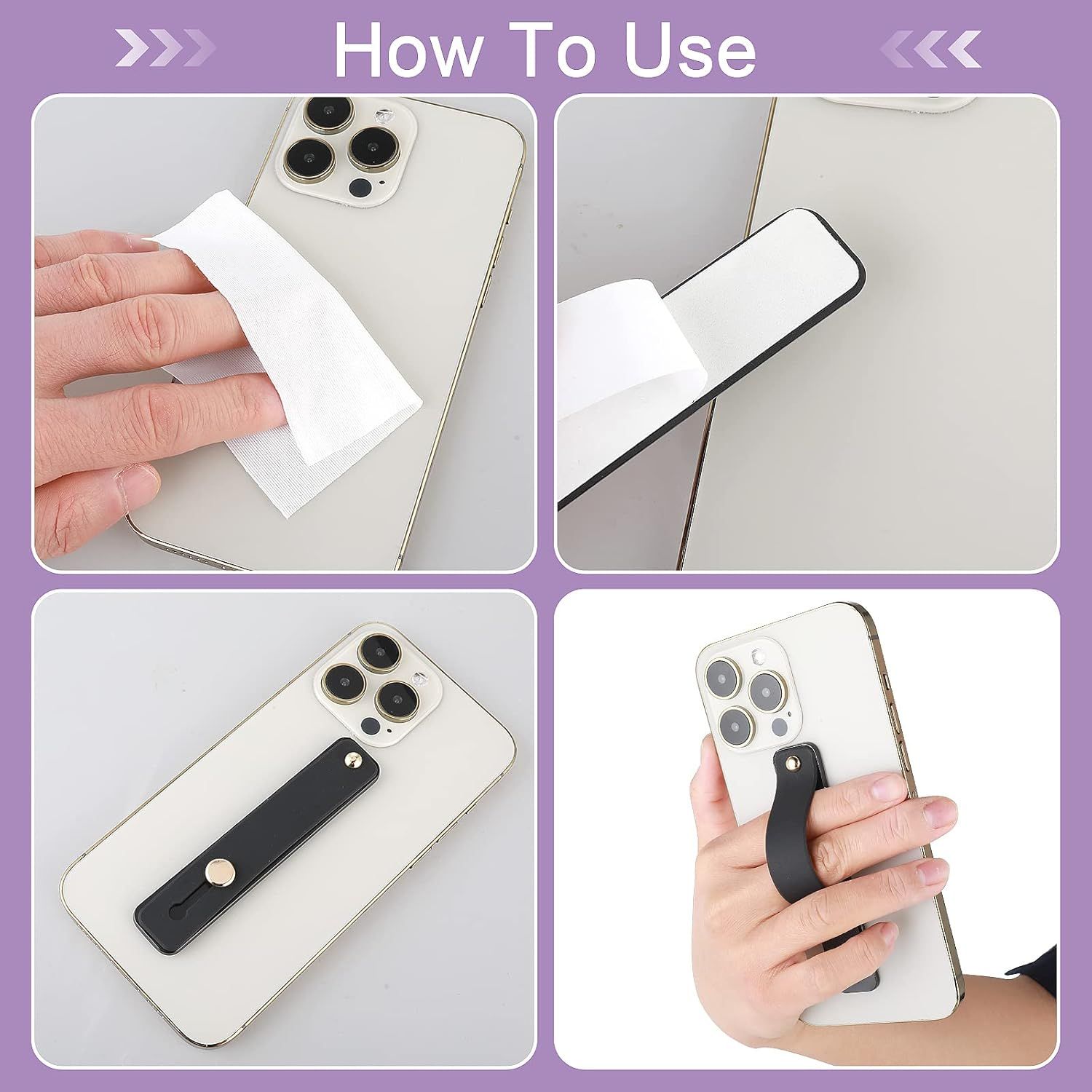 Demonstrates the step-by-step process of applying and using a phone grip or strap accessory, showing shoppers exactly how to install and use the product on their device.