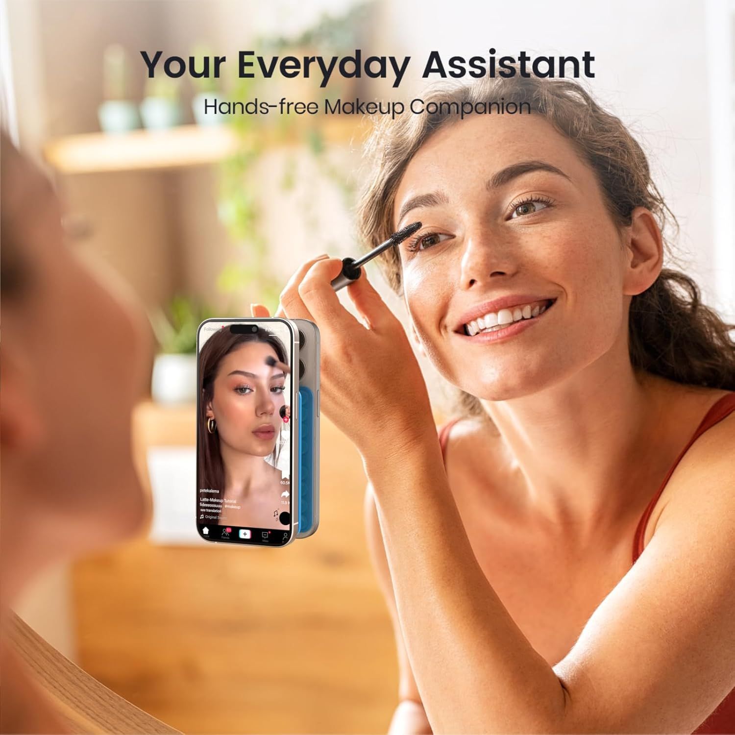 Demonstrates the product's hands-free functionality, showing how users can apply makeup while following a tutorial on their phone, emphasizing convenience and ease of use.