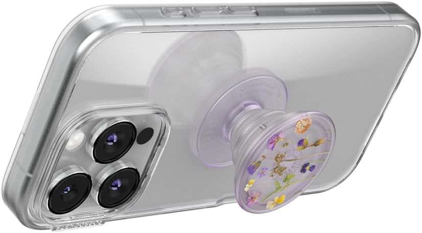 Displays the product in a clean, catalog-style format to show the clear case design and decorative floral pop socket accessory without distractions.