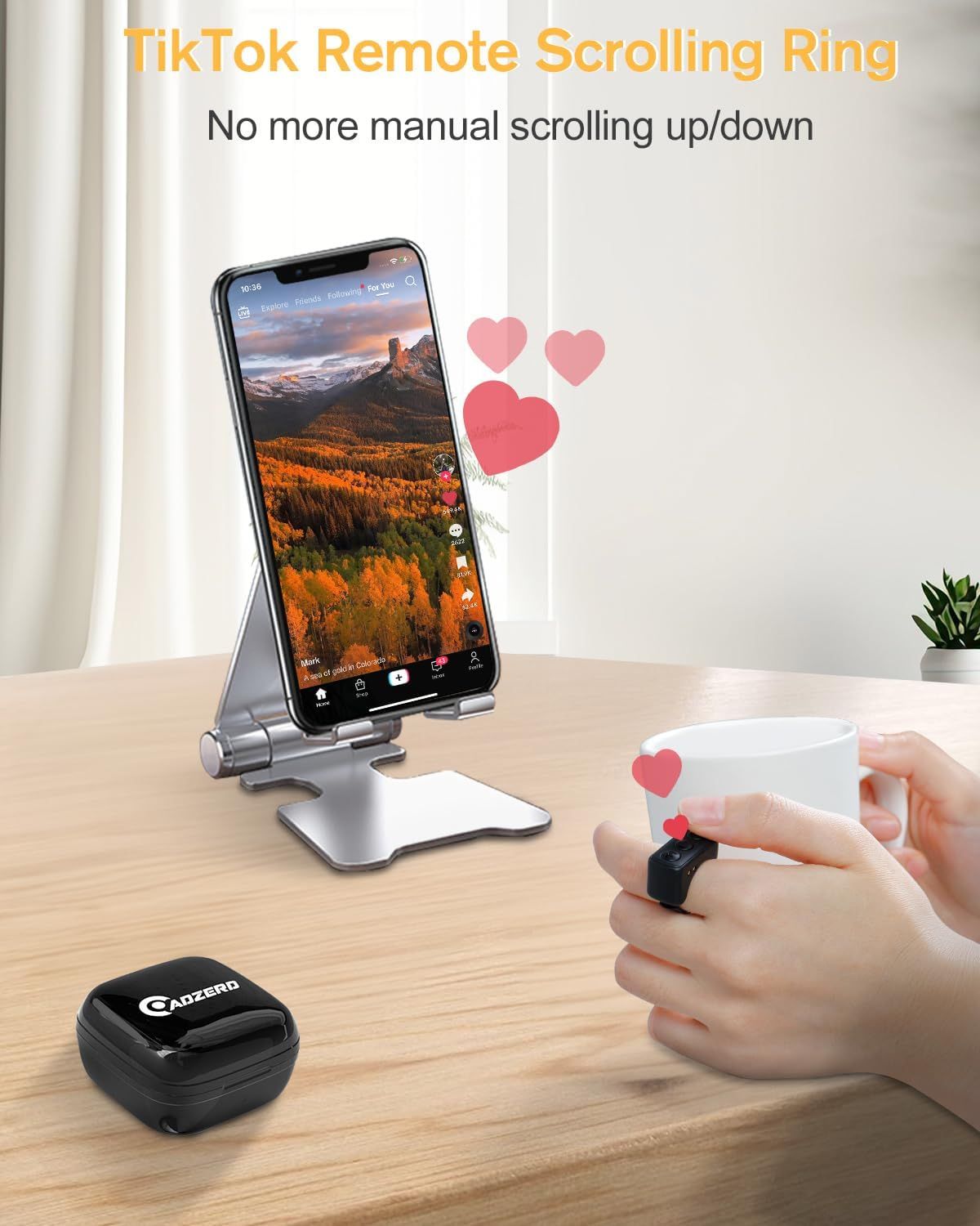 Demonstrates how to use the remote scrolling ring accessory to control TikTok without manual phone interaction, showing the hands-free convenience benefit. Highlights the convenience of remote…