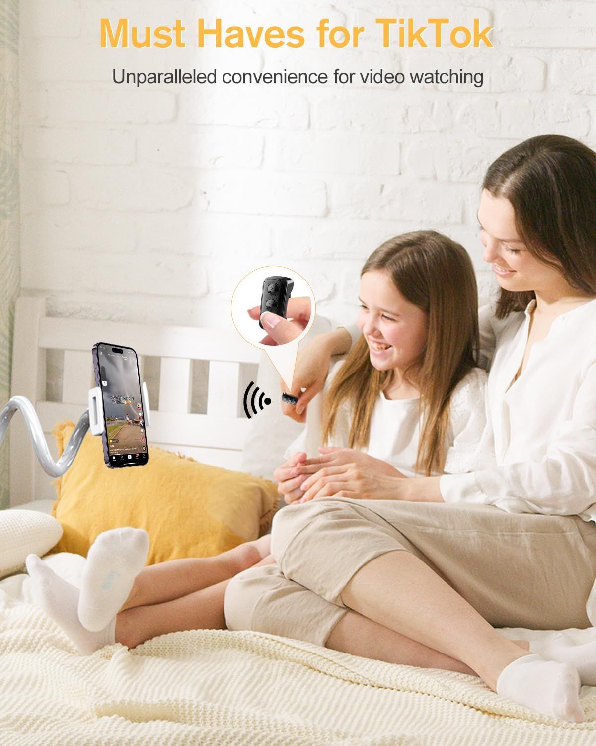 Demonstrates the product's specific use case for hands-free TikTok viewing, showing how the wireless remote and phone holder work together to provide convenient video watching. Communicates the core…
