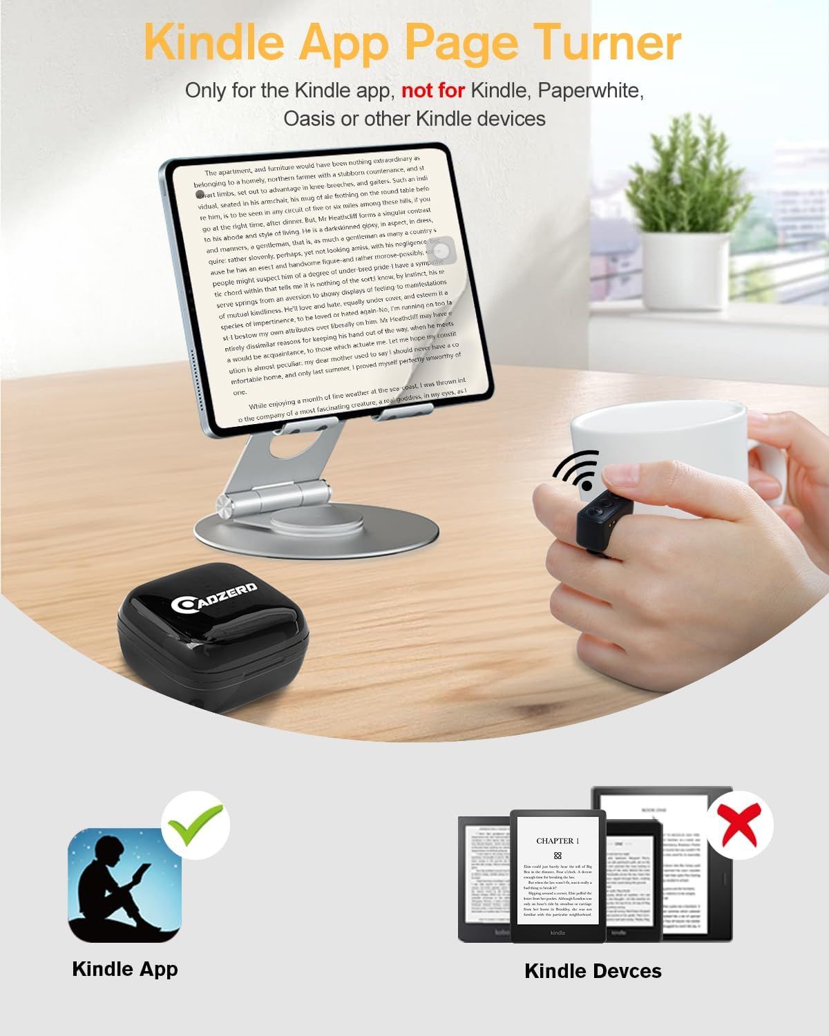 Demonstrates that this page turner accessory is specifically designed for the Kindle app (not Kindle devices), showing the wireless remote functionality and clarifying compatible vs. incompatible…