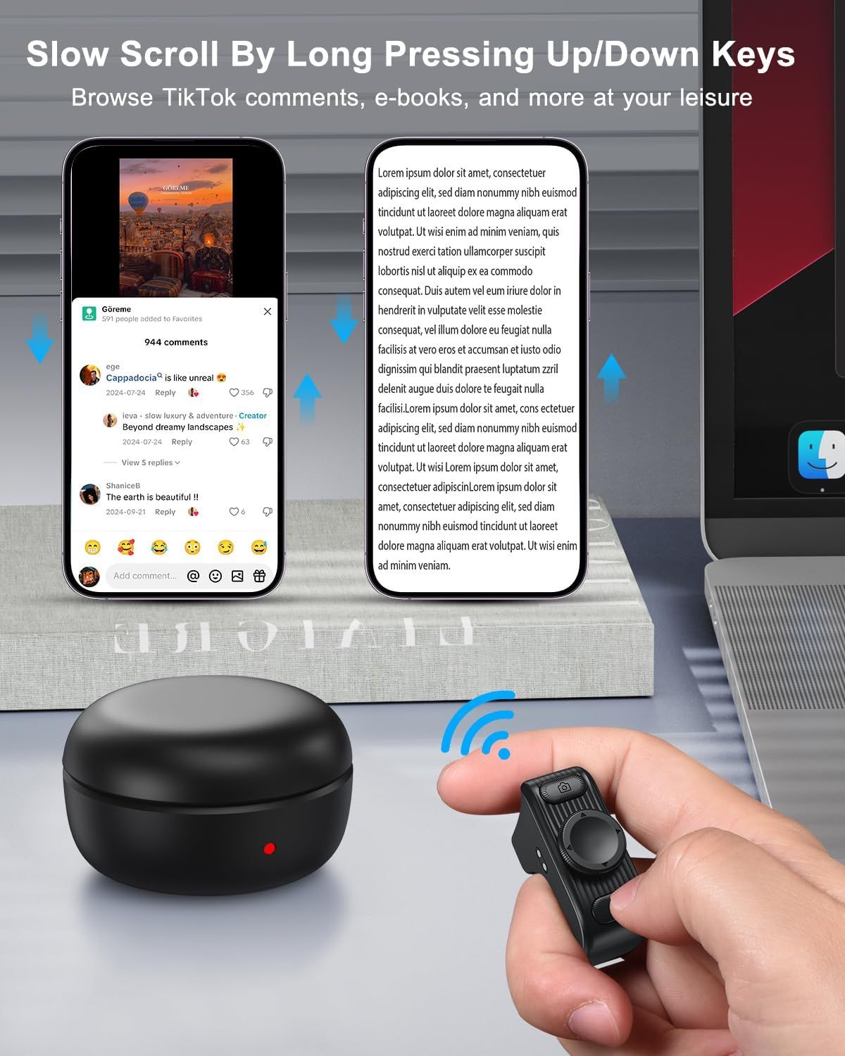 Demonstrates how to use the wireless remote control to slow-scroll through content like TikTok comments and e-books by long-pressing the up/down keys, showing the product's ease of use and practical…