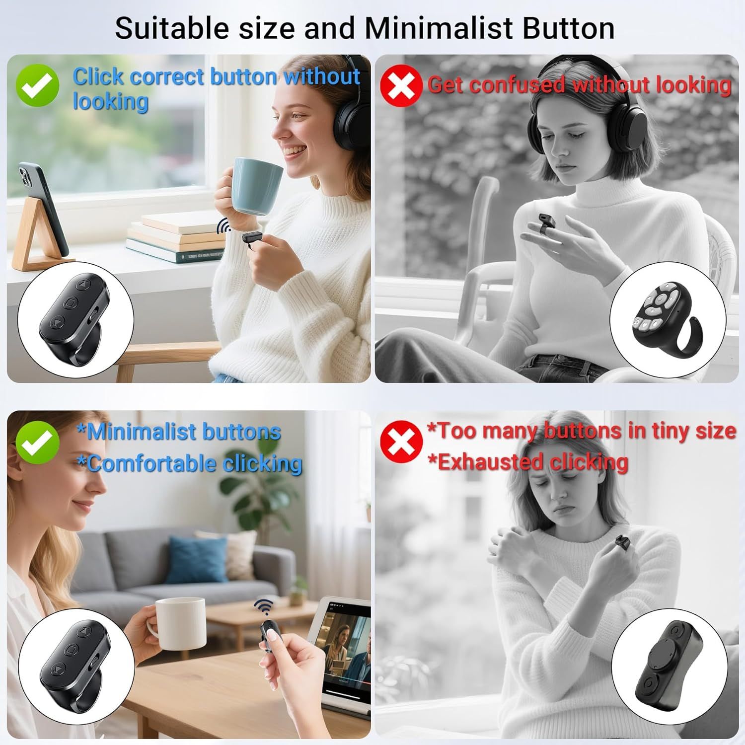 Demonstrates why this product's button design is superior to competitors by showing the right balance of size and simplicity, preventing user confusion and fatigue during use. Highlights multiple…