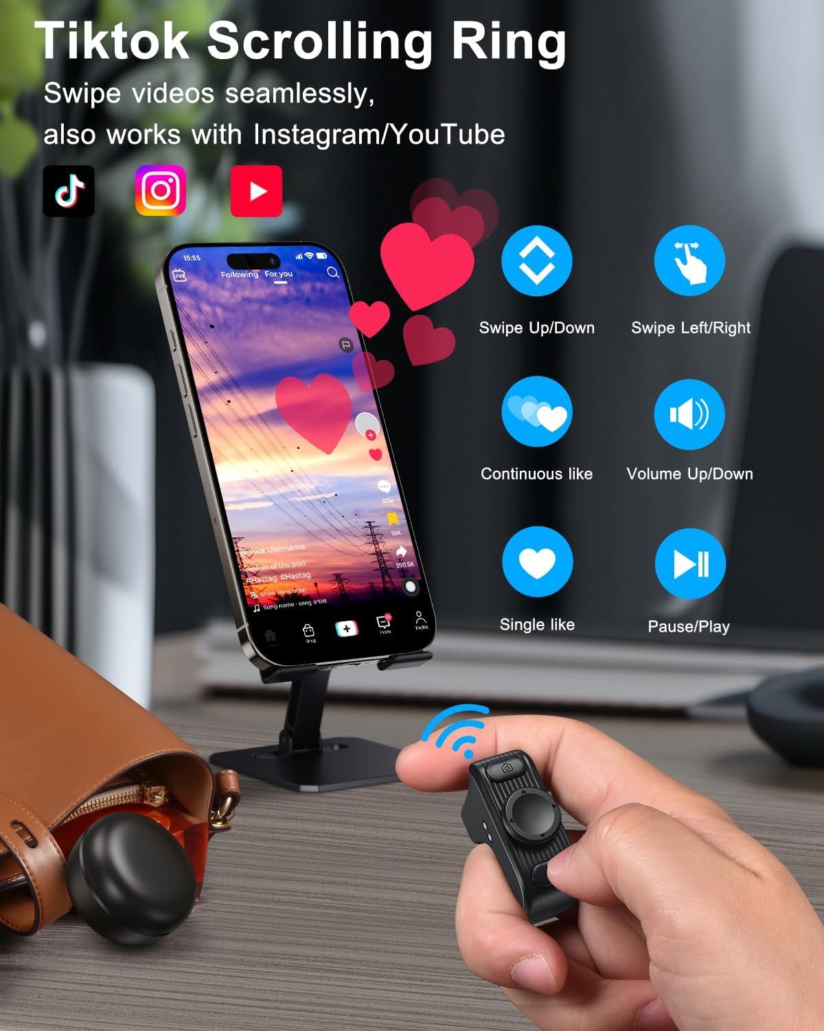 Demonstrates how to use the scrolling ring accessory to control social media apps remotely with various swipe and interaction gestures. Showcases the multiple control capabilities of the device…