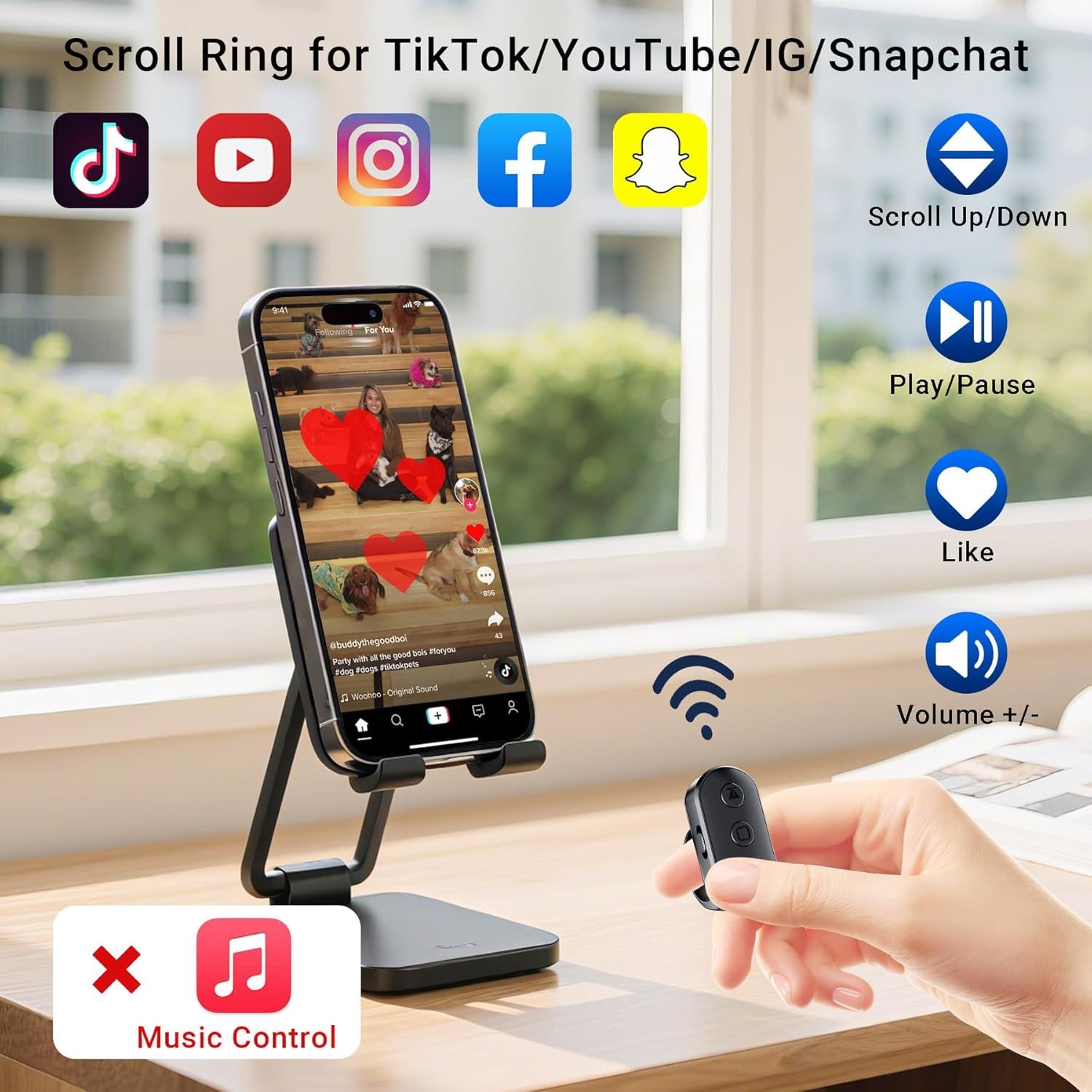 Demonstrates the multiple control functions of the scroll ring remote, showing shoppers how they can control social media apps hands-free with various features like scrolling, playing, pausing,…