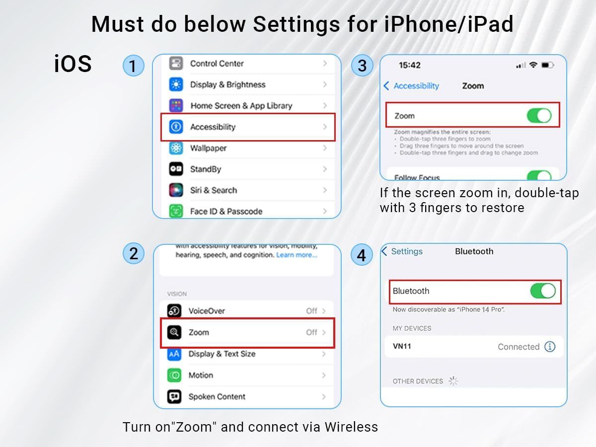 This image provides step-by-step instructions for configuring iPhone/iPad accessibility settings, specifically showing how to enable Zoom and connect via Bluetooth wireless. It guides users through…