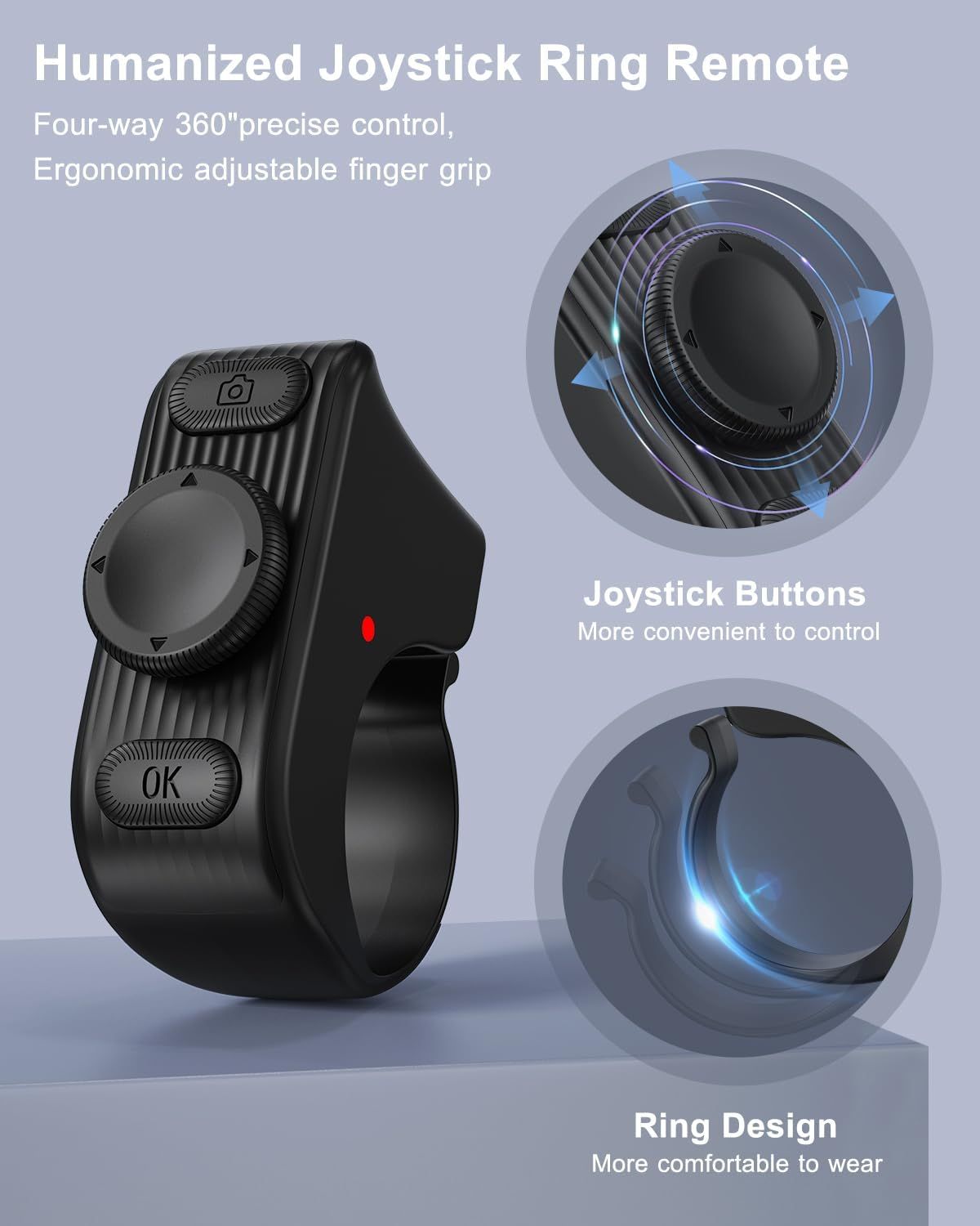 Breaks down the physical components and design features of the ring remote, highlighting the joystick control mechanism, button placement, and wearable ring form factor to help shoppers understand…