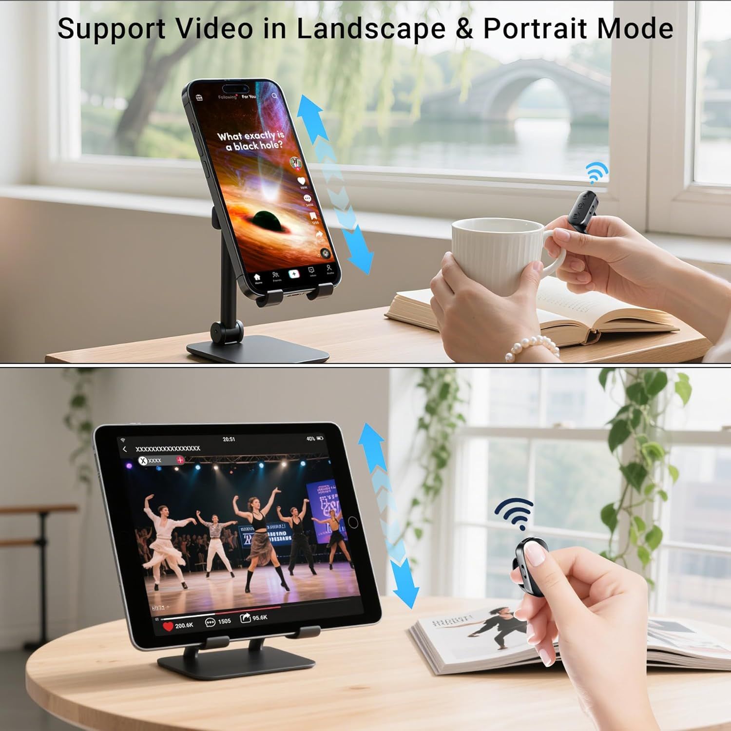 Demonstrates that the stand supports video viewing in both landscape and portrait modes, with wireless remote control functionality for convenient hands-free operation.
