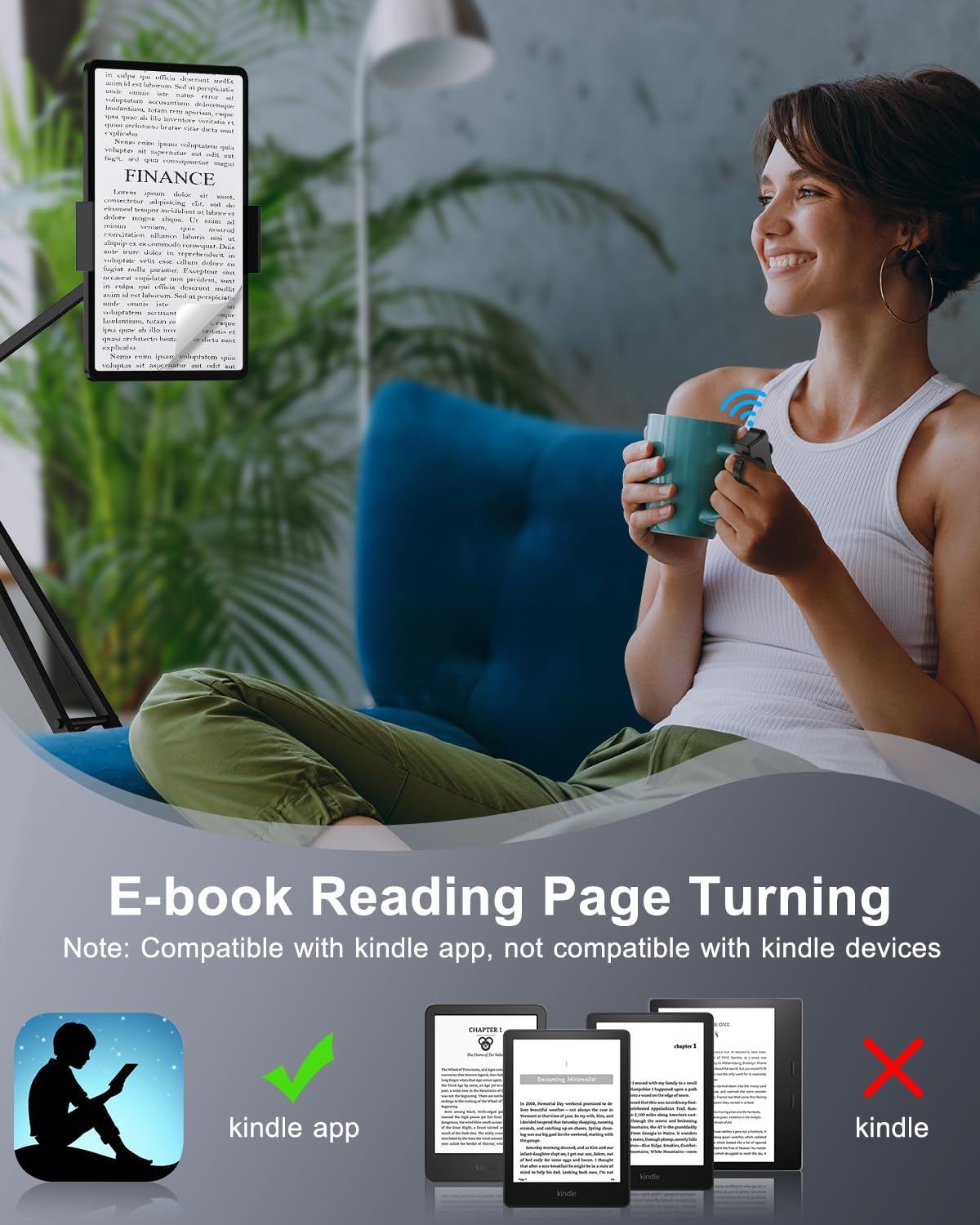 Demonstrates the product's use case for e-book reading with page-turning functionality and clarifies compatibility with the Kindle app while distinguishing it from Kindle devices. Provides important…
