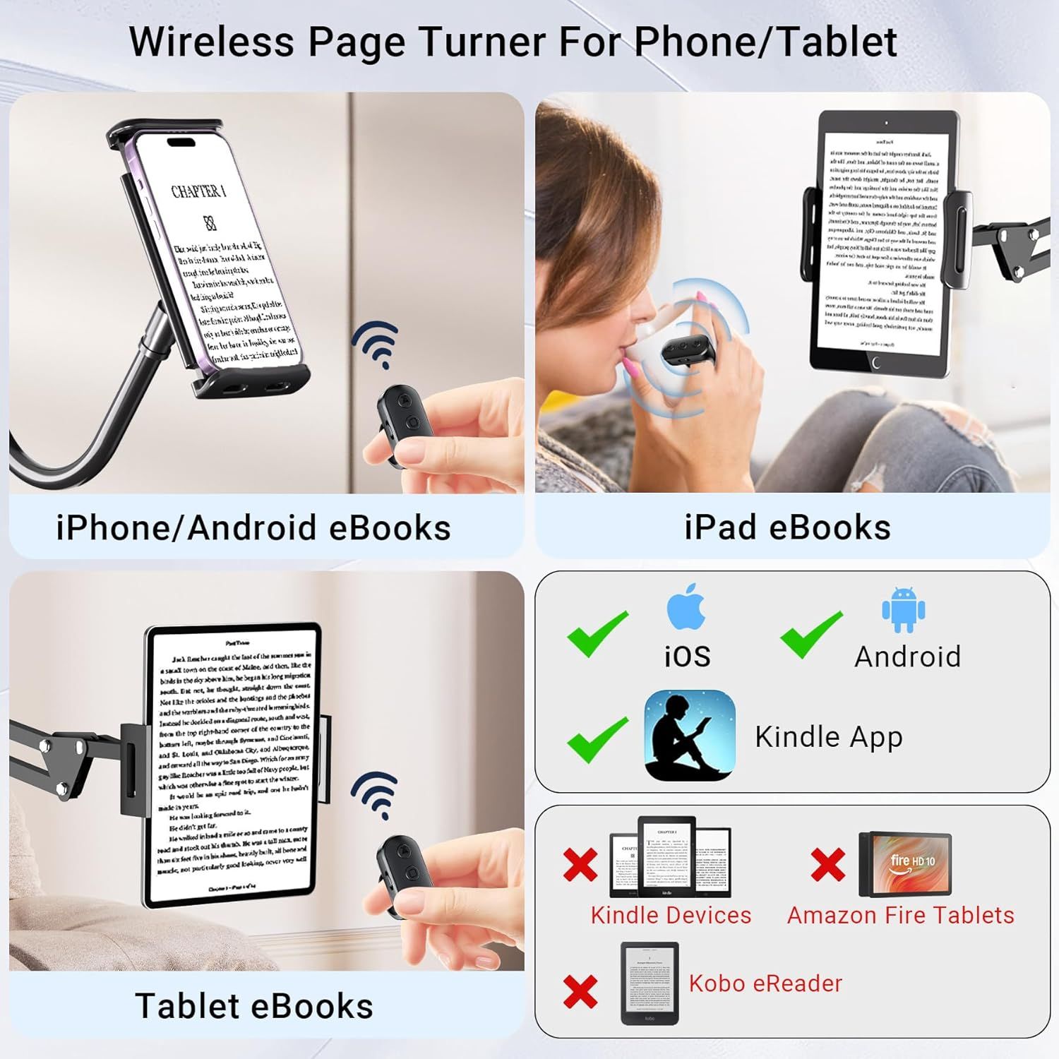 Demonstrates the wireless page turner works across multiple devices and platforms (iPhone, Android, iPad, tablets) and shows various reading scenarios to reassure shoppers of its versatility and…