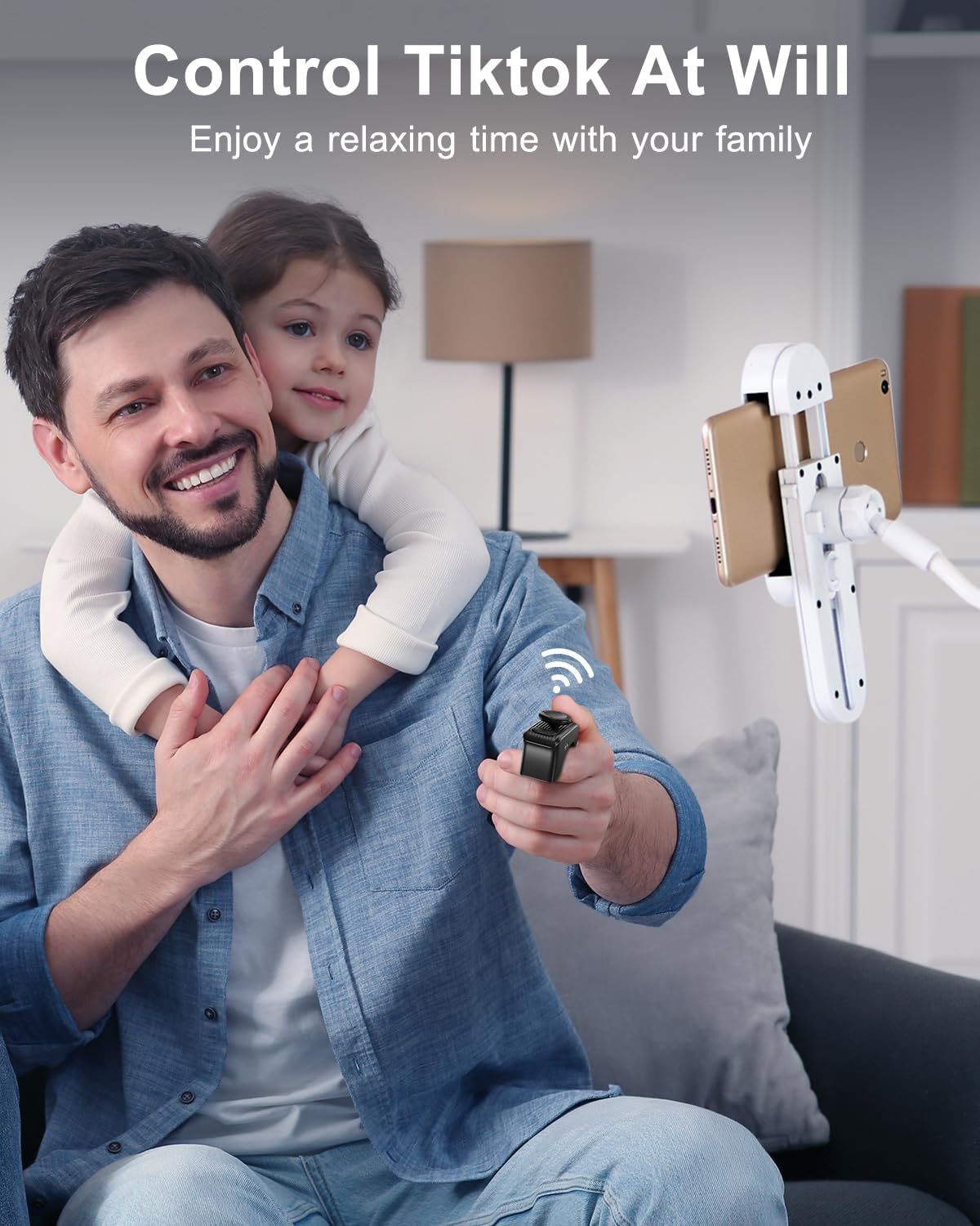 Demonstrates the product's wireless remote control capability, allowing users to control their phone/camera remotely for hands-free content creation and family time.