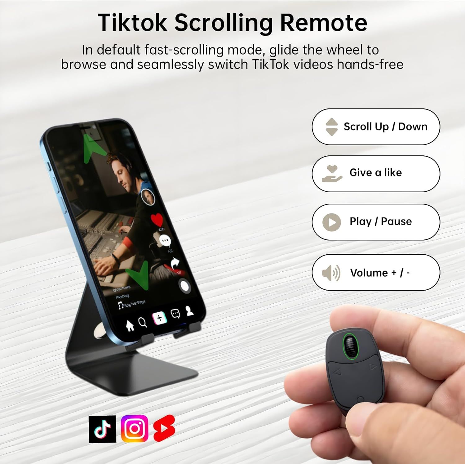 Demonstrates the multiple capabilities of the TikTok scrolling remote, showing shoppers how they can control various functions hands-free for a more convenient viewing experience.